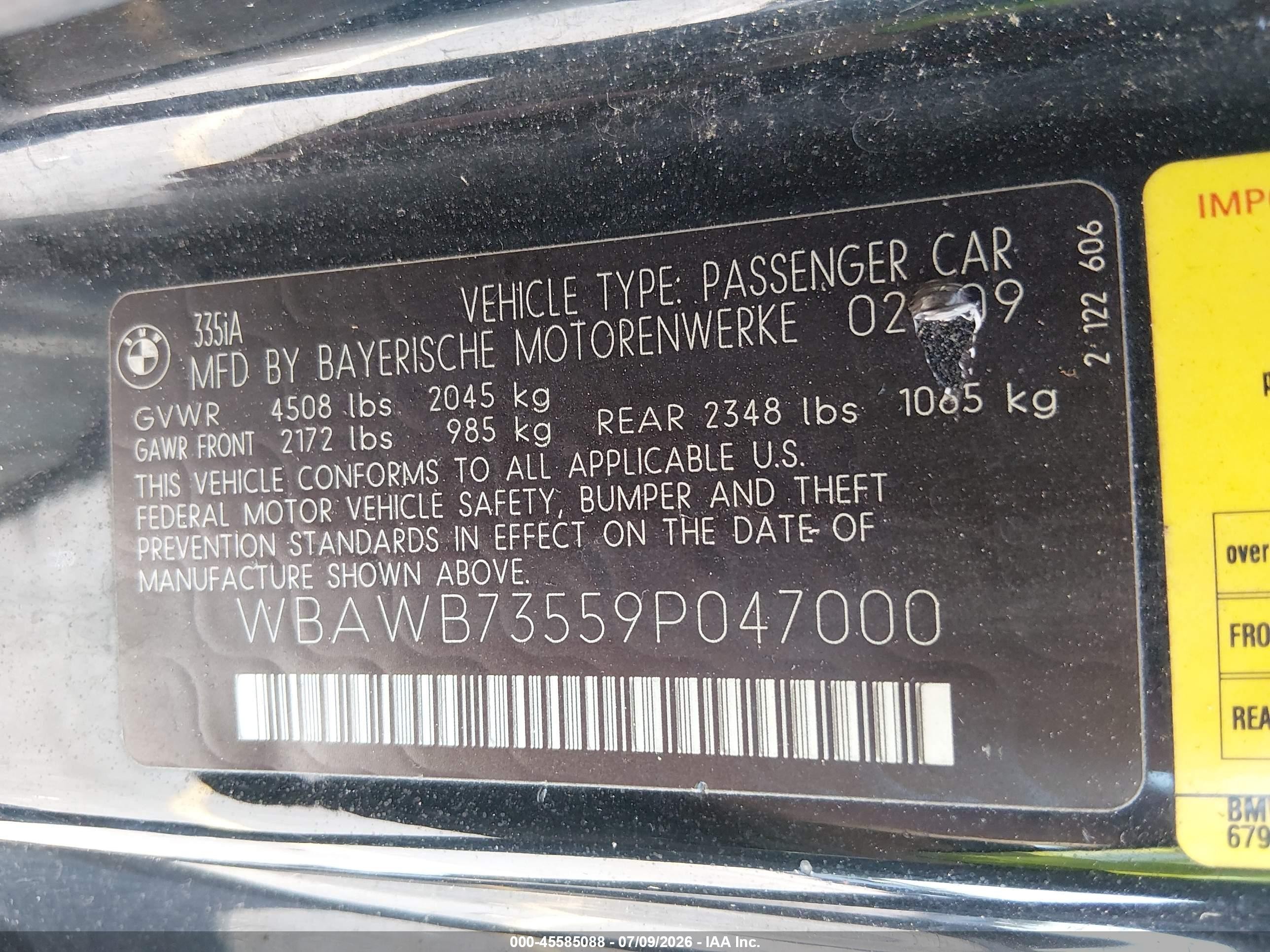 2009 Bmw 335i   Black vin: WBAWB73559P047000