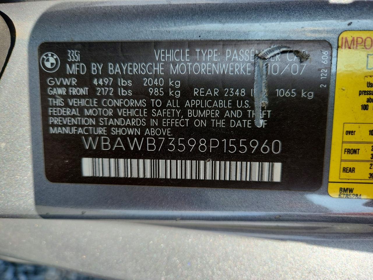 2008 Bmw 335 I Gray vin: WBAWB73598P155960