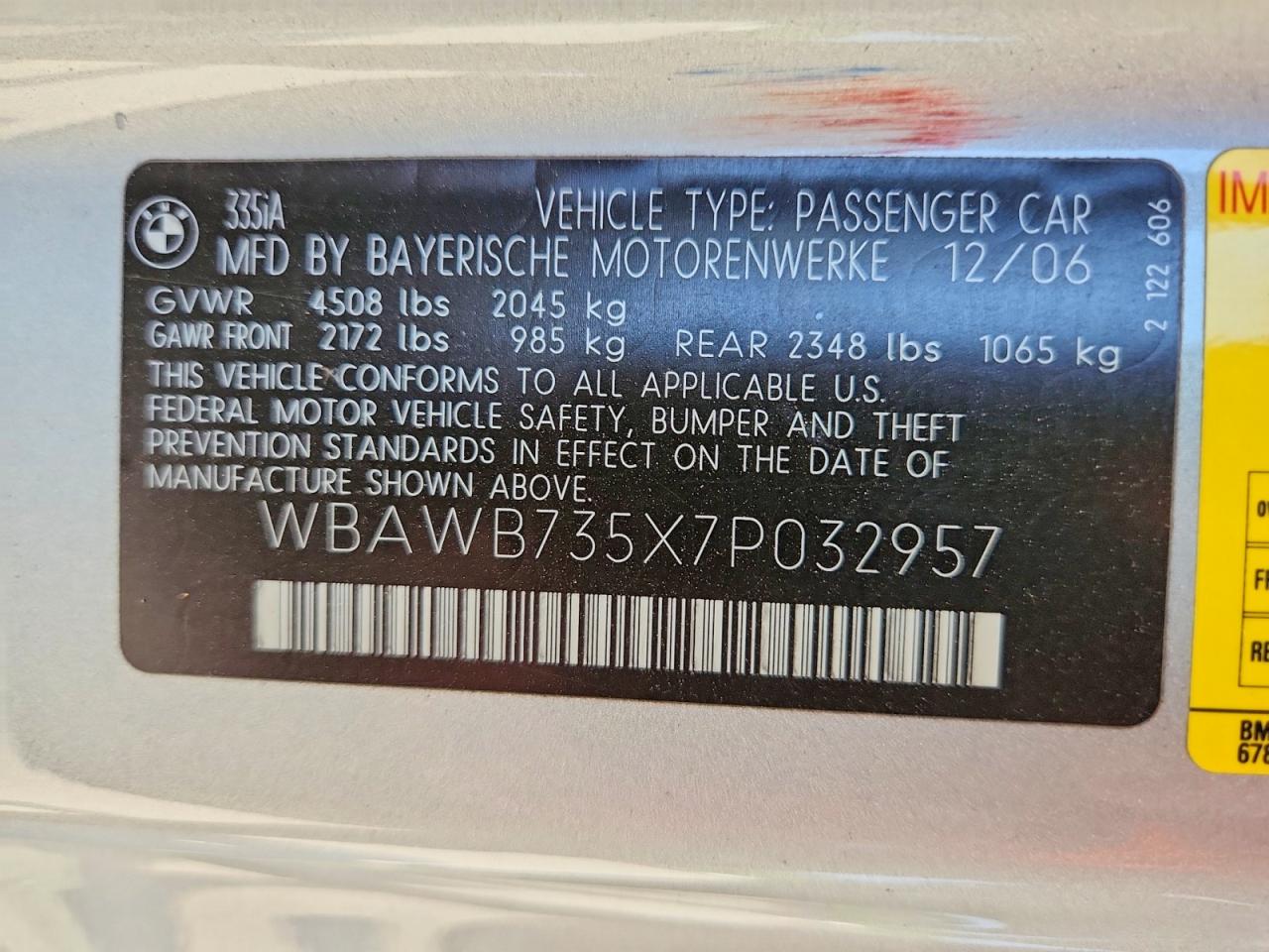 2007 Bmw 335 I Silver vin: WBAWB735X7P032957