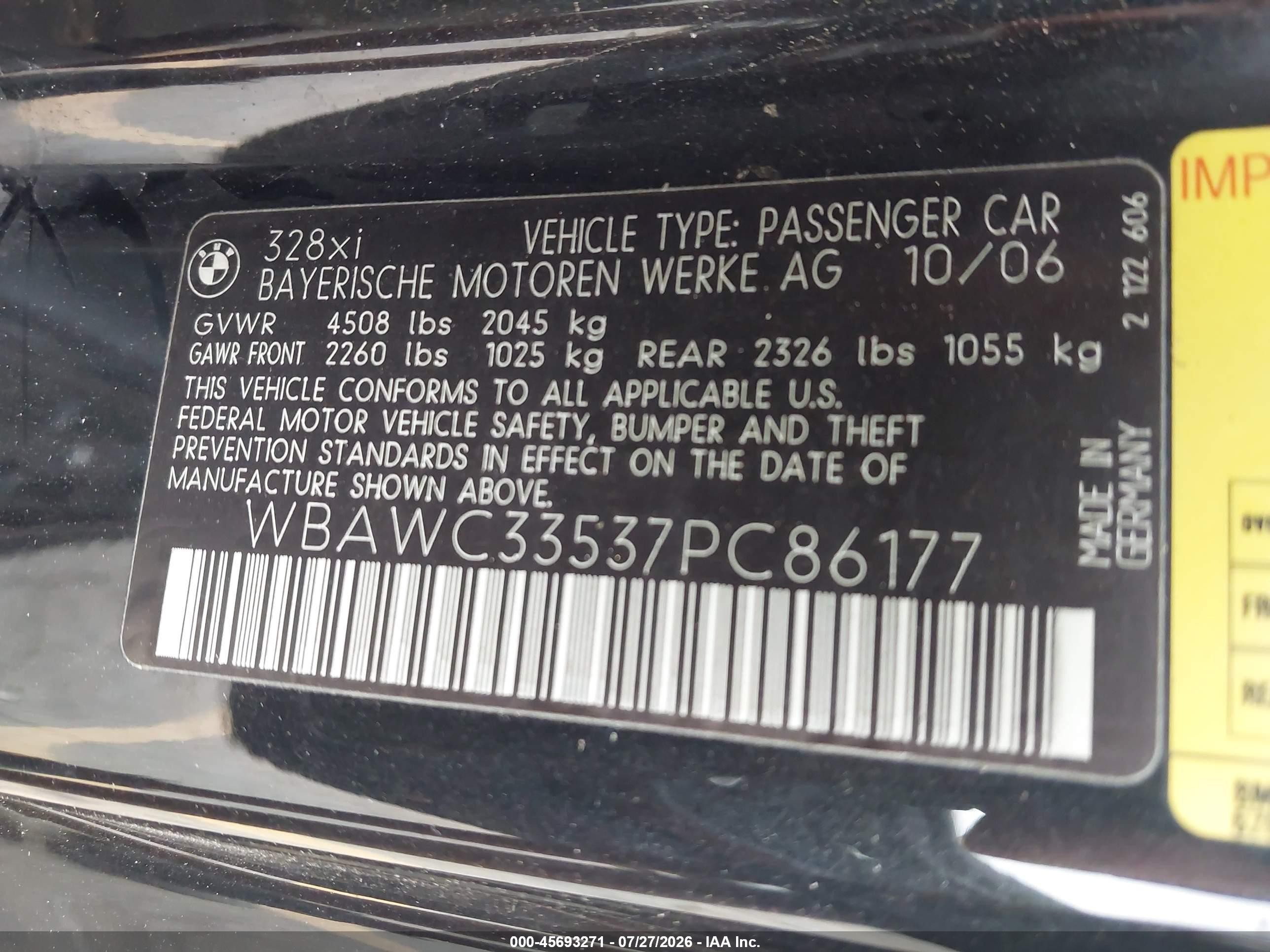 2007 Bmw 328xi   Black vin: WBAWC33537PC86177