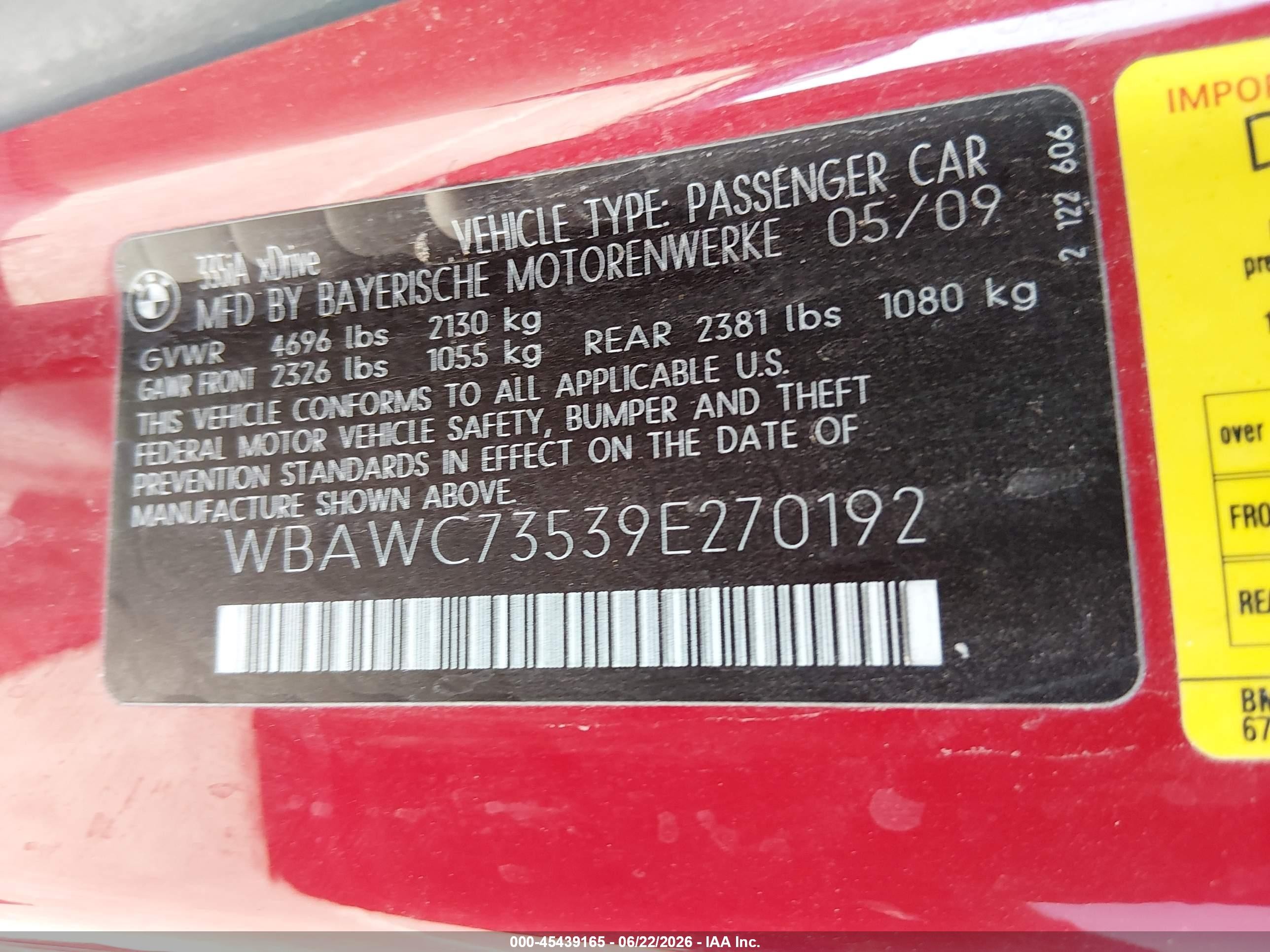 2009 Bmw 335i Xdrive Red vin: WBAWC73539E270192