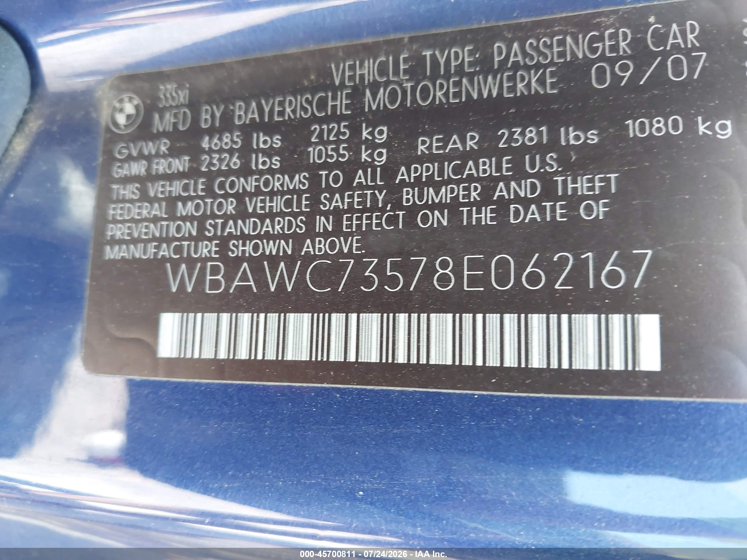 2008 Bmw 335xi   Blue vin: WBAWC73578E062167