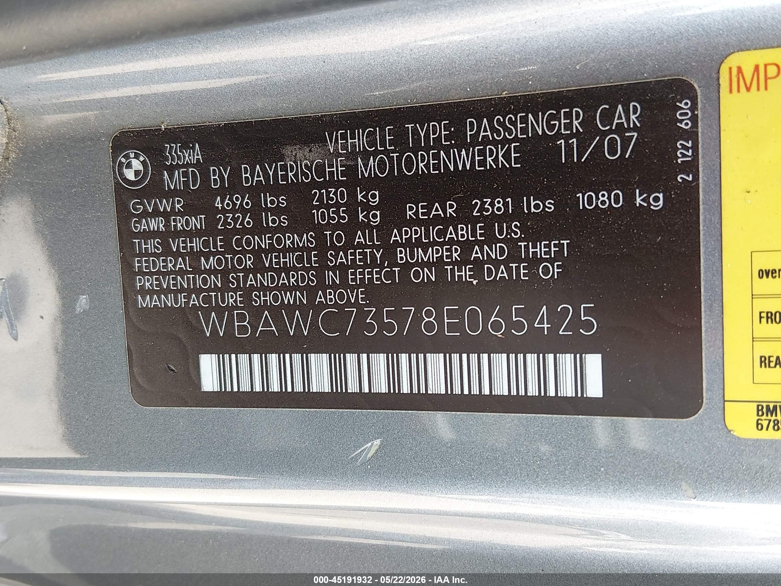 2008 Bmw 335xi   Gray vin: WBAWC73578E065425