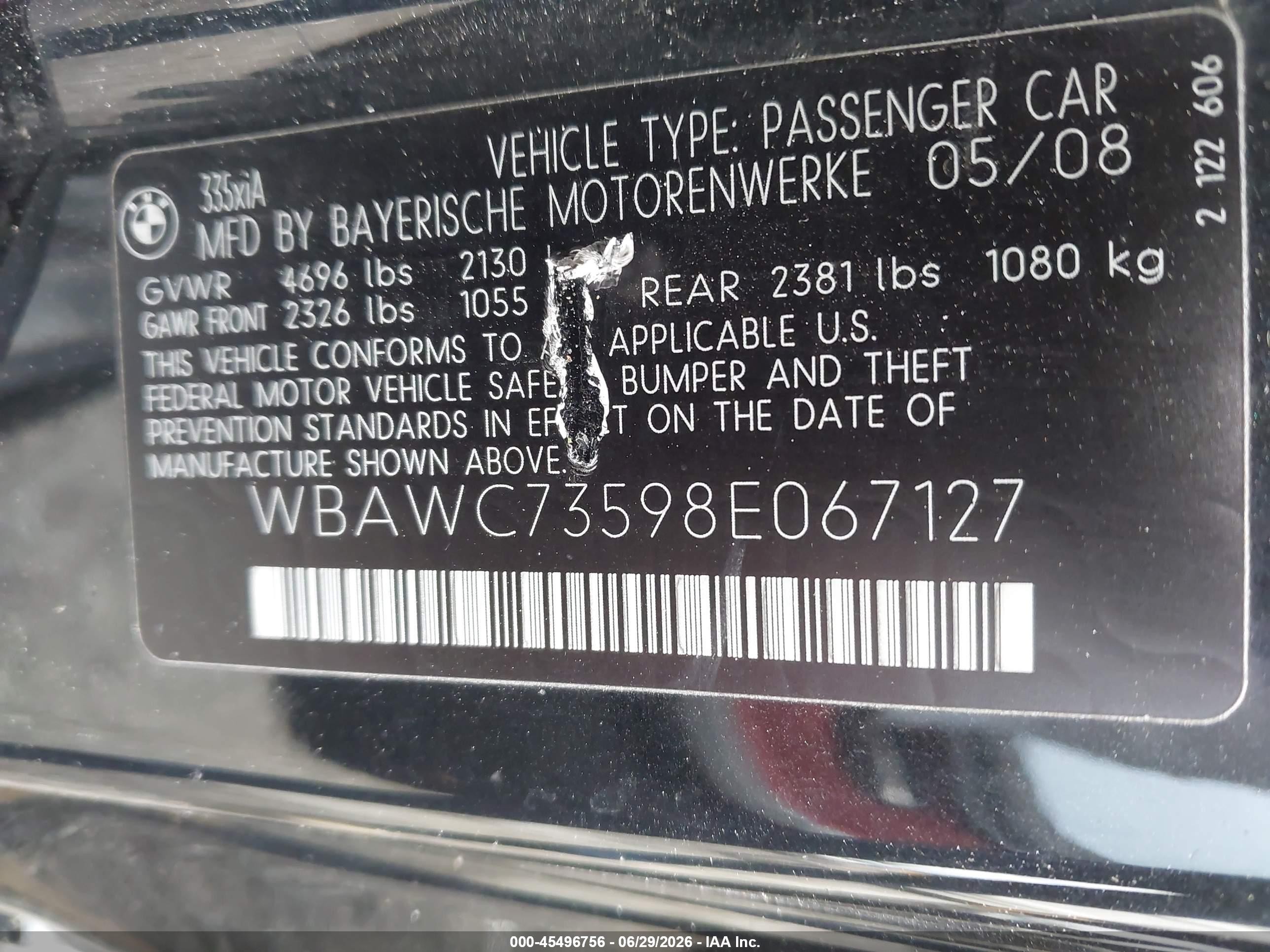 2008 Bmw 335xi   Black vin: WBAWC73598E067127