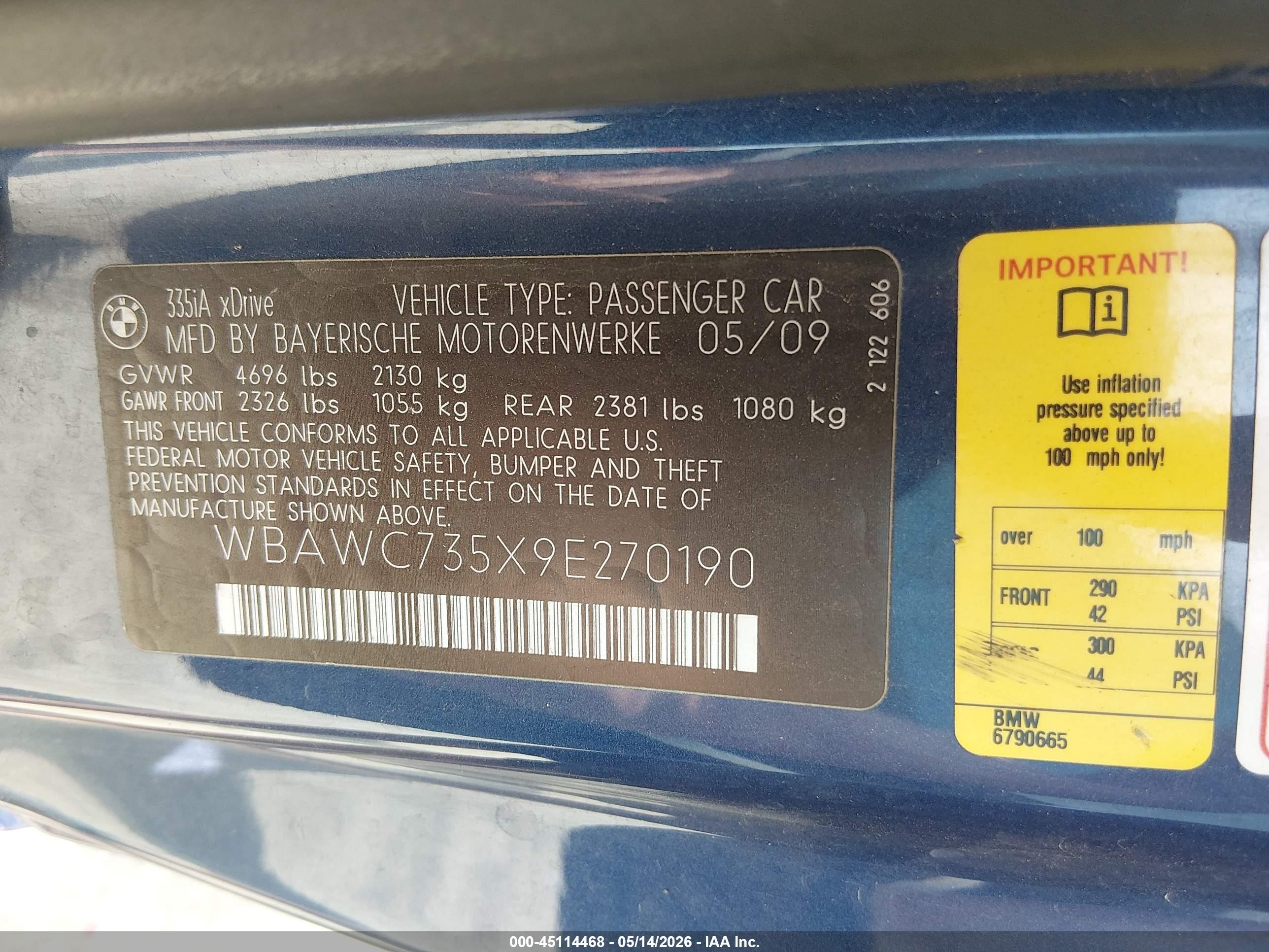 2009 Bmw 335i Xdrive Blue vin: WBAWC735X9E270190