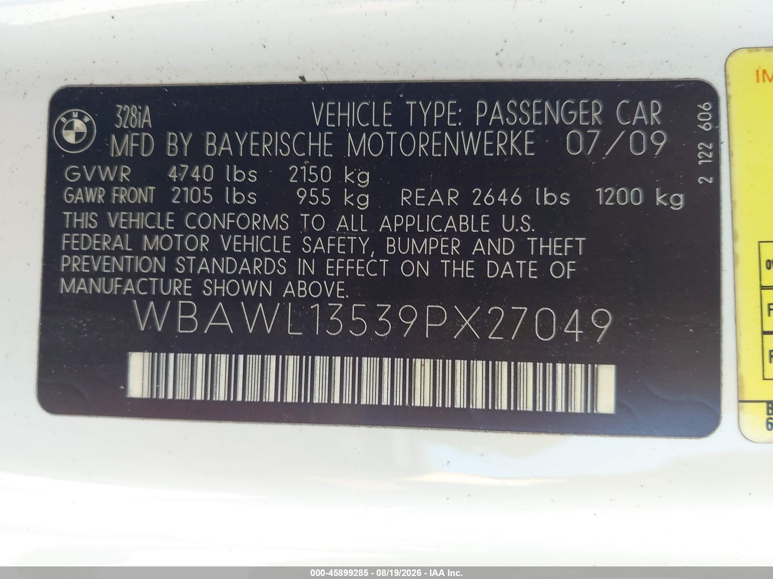 2009 Bmw 328i   White vin: WBAWL13539PX27049