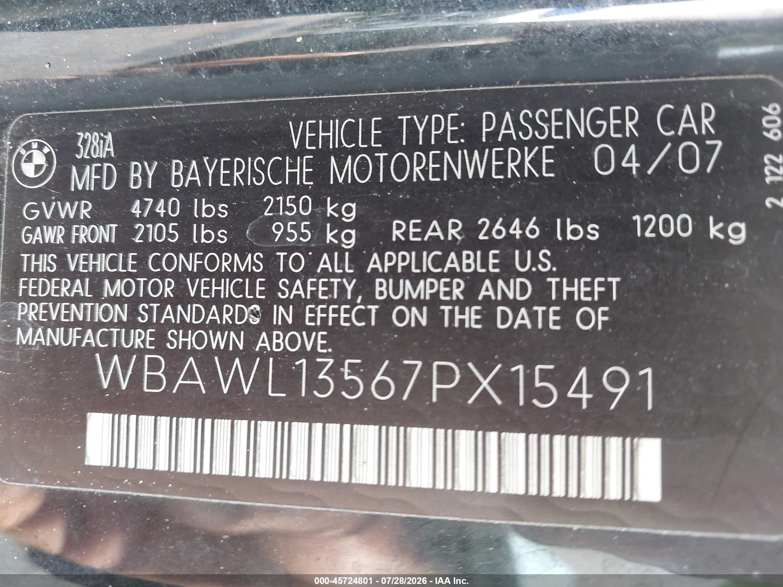 2007 Bmw 328i   Черный vin: WBAWL13567PX15491
