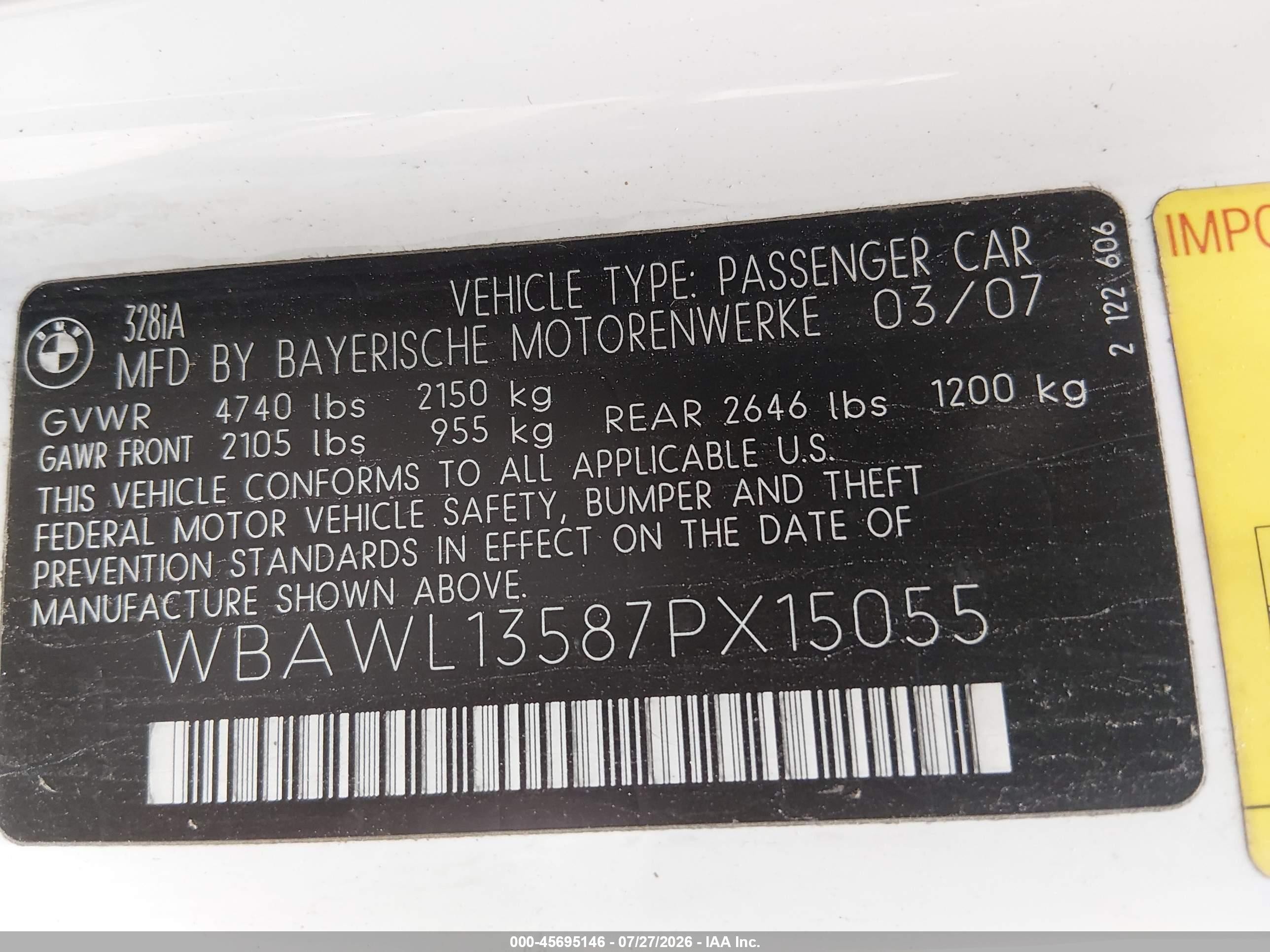 2007 Bmw 328i   White vin: WBAWL13587PX15055