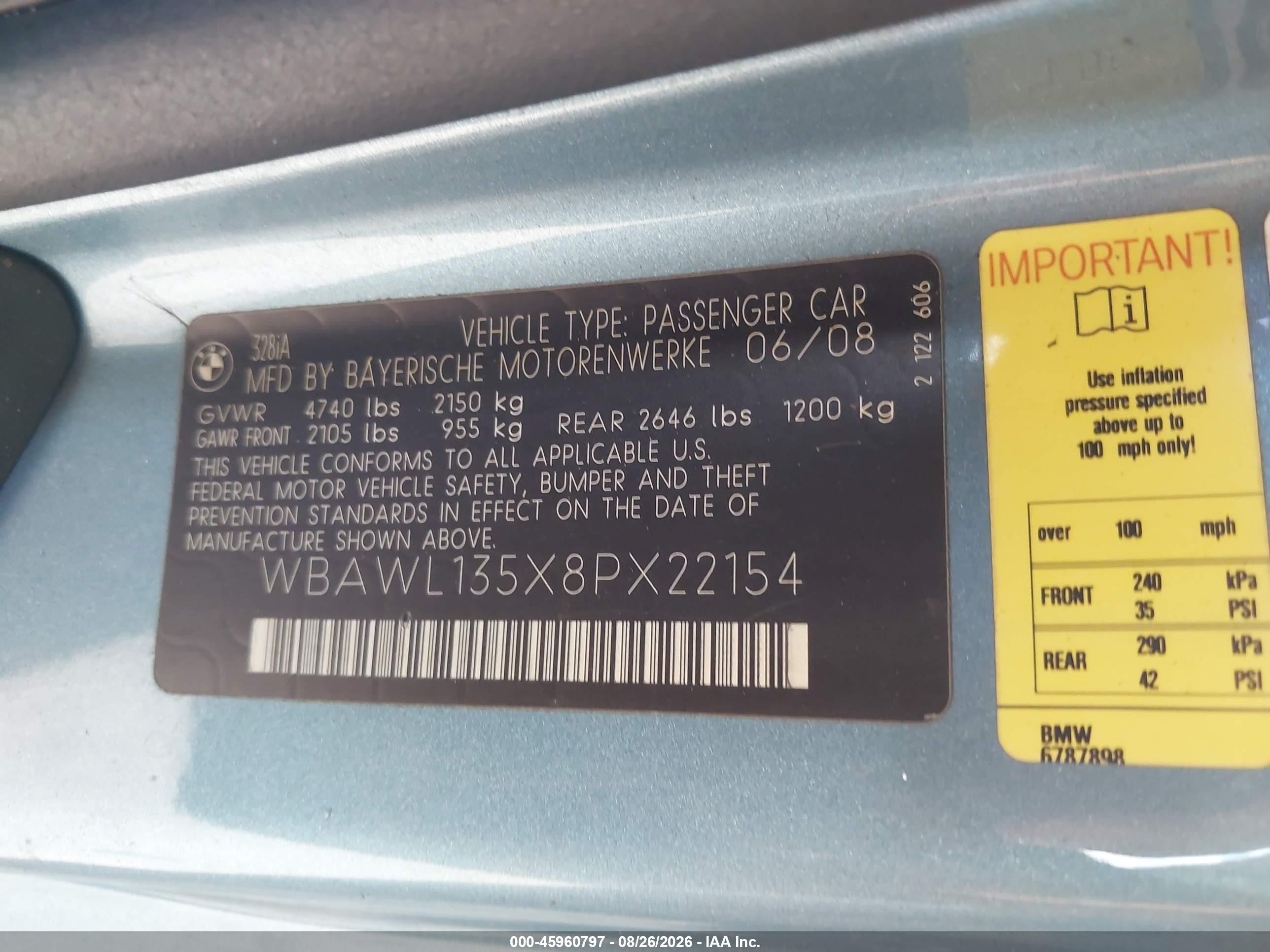 2008 Bmw 328i   Blue vin: WBAWL135X8PX22154