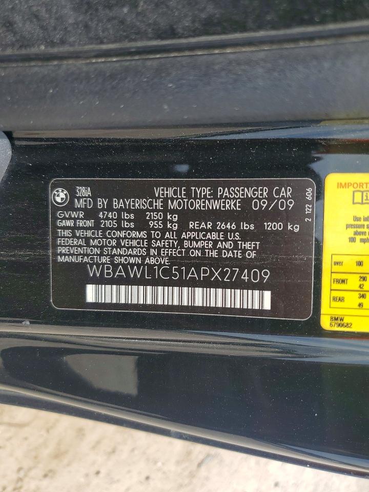 2010 Bmw 328 I Black vin: WBAWL1C51APX27409