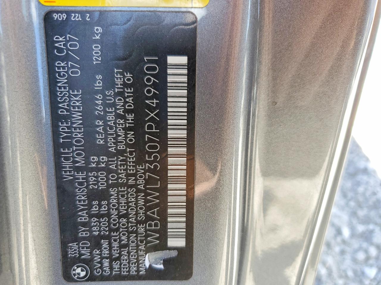 2007 Bmw 335 I Серый vin: WBAWL73507PX49901
