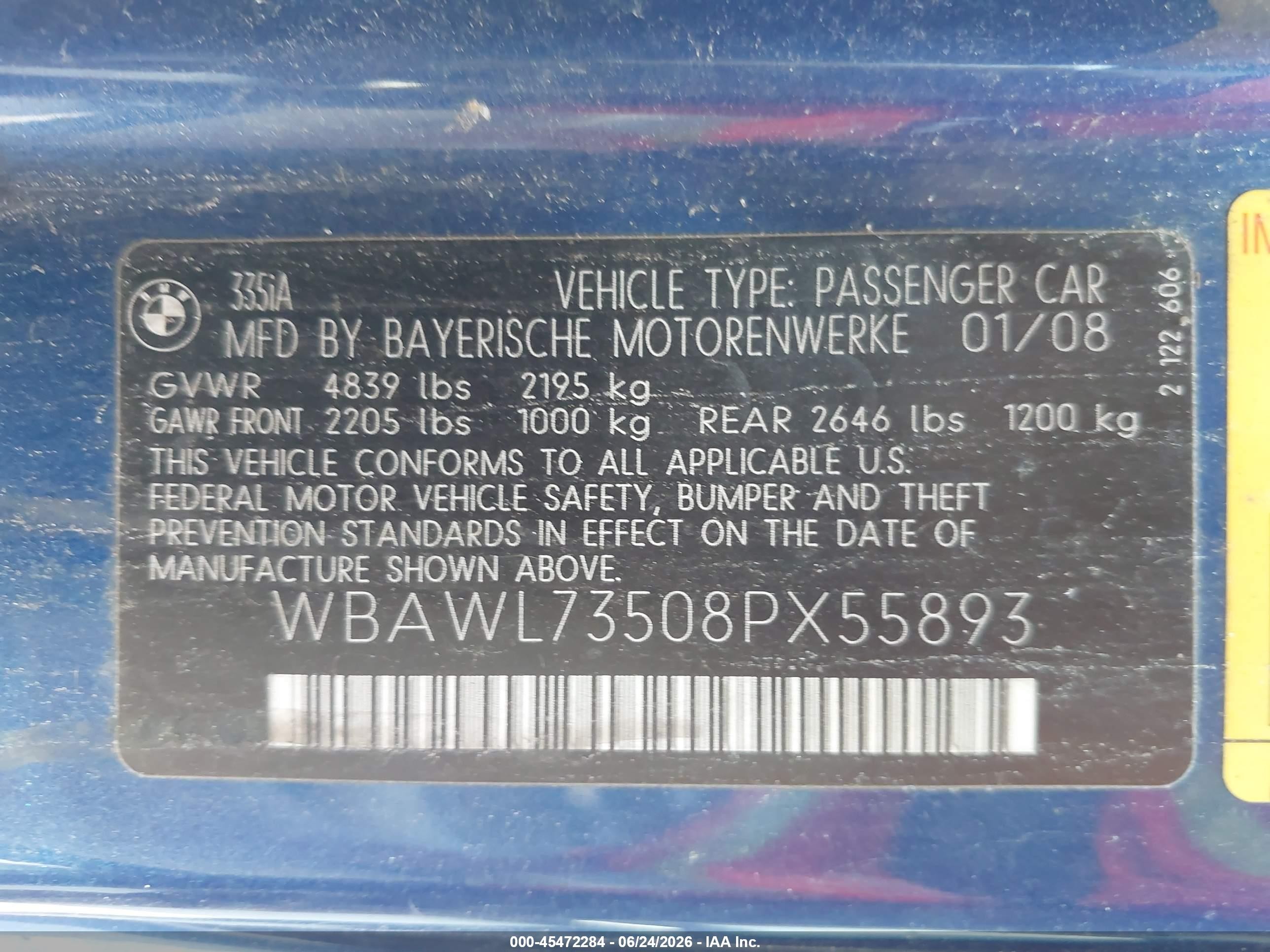 2008 Bmw 335i   Blue vin: WBAWL73508PX55893