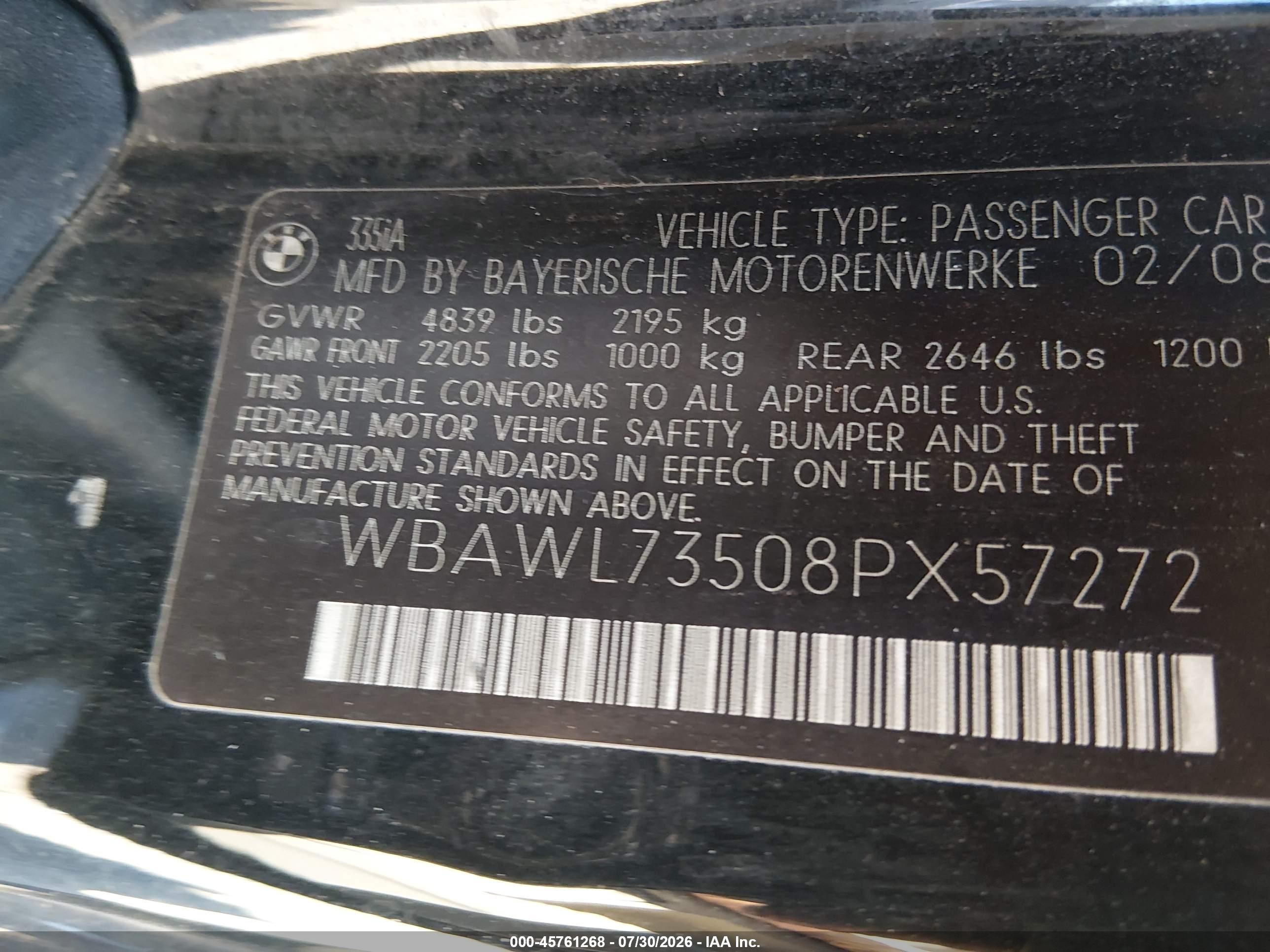 2008 Bmw 335i   Black vin: WBAWL73508PX57272