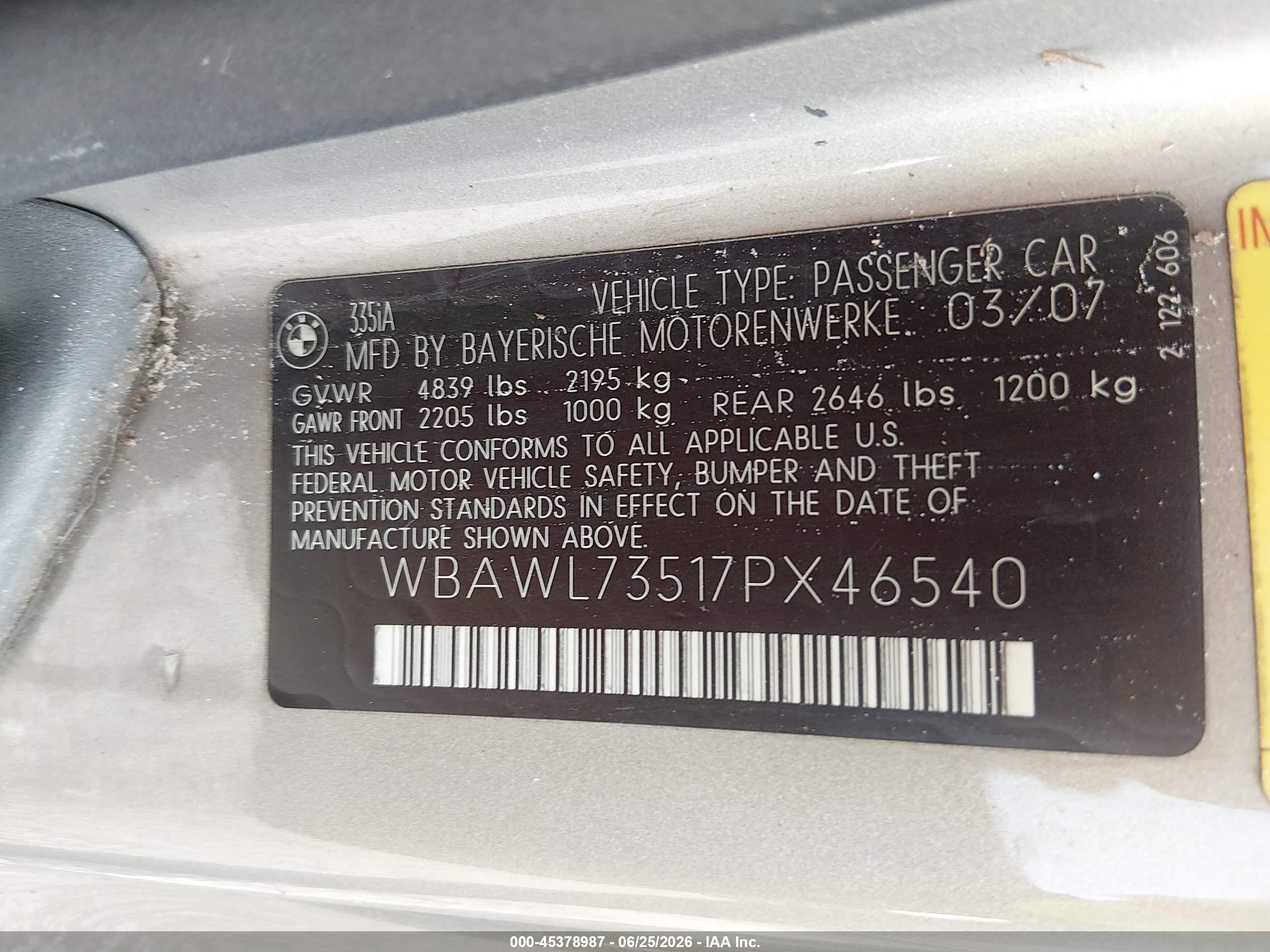 2007 Bmw 335i   Beige vin: WBAWL73517PX46540