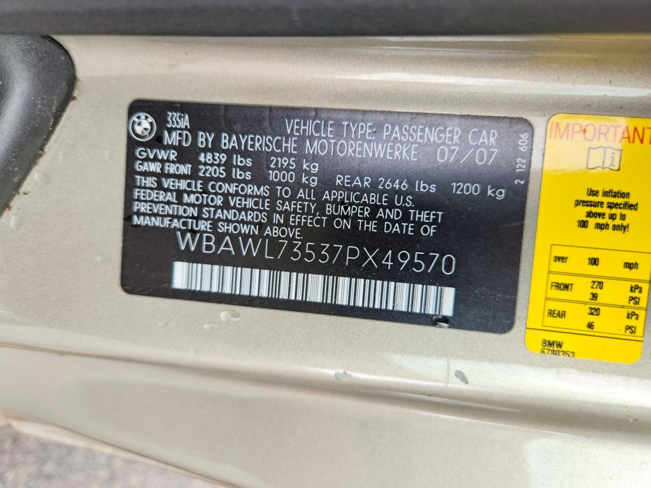 2007 Bmw 335 I Tan vin: WBAWL73537PX49570