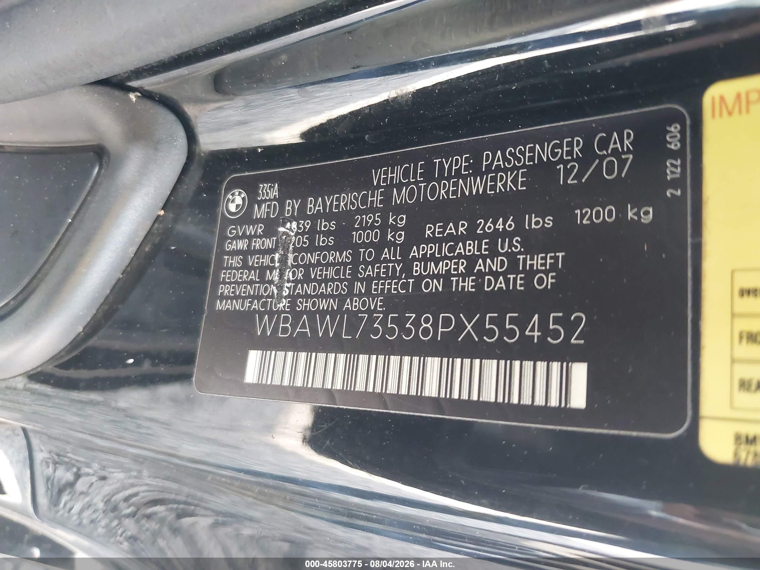 2008 Bmw 335i   Black vin: WBAWL73538PX55452
