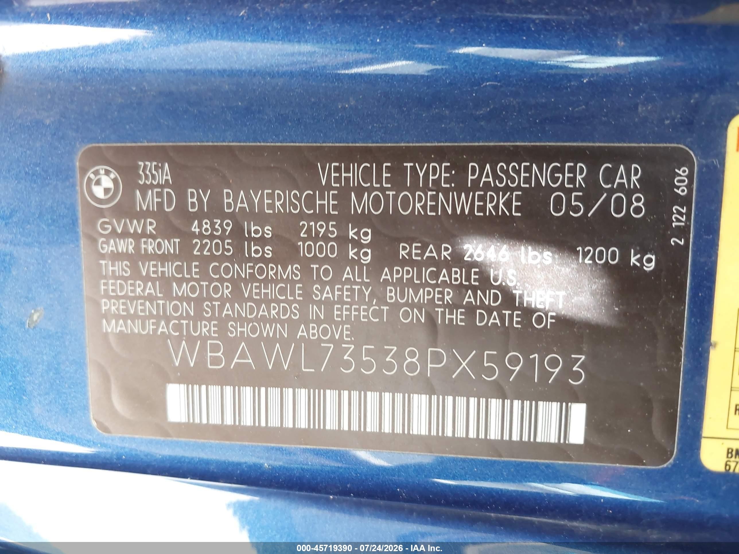 2008 Bmw 335i   vin: WBAWL73538PX59193