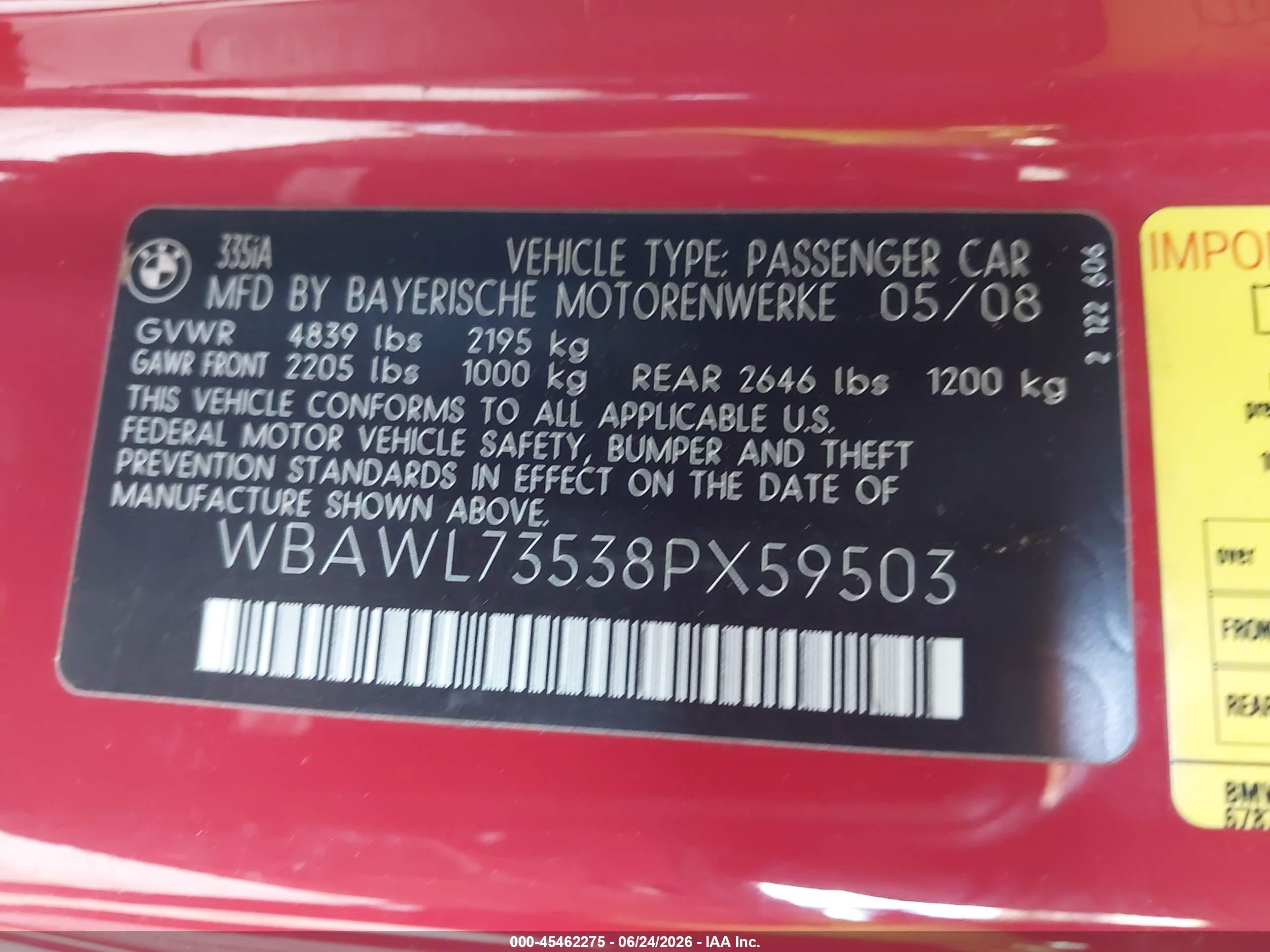 2008 Bmw 335i   Red vin: WBAWL73538PX59503