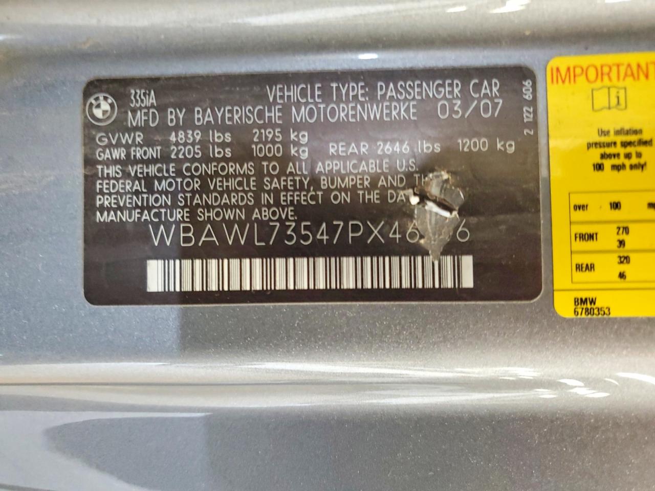 2007 Bmw 335 I Gray vin: WBAWL73547PX46256
