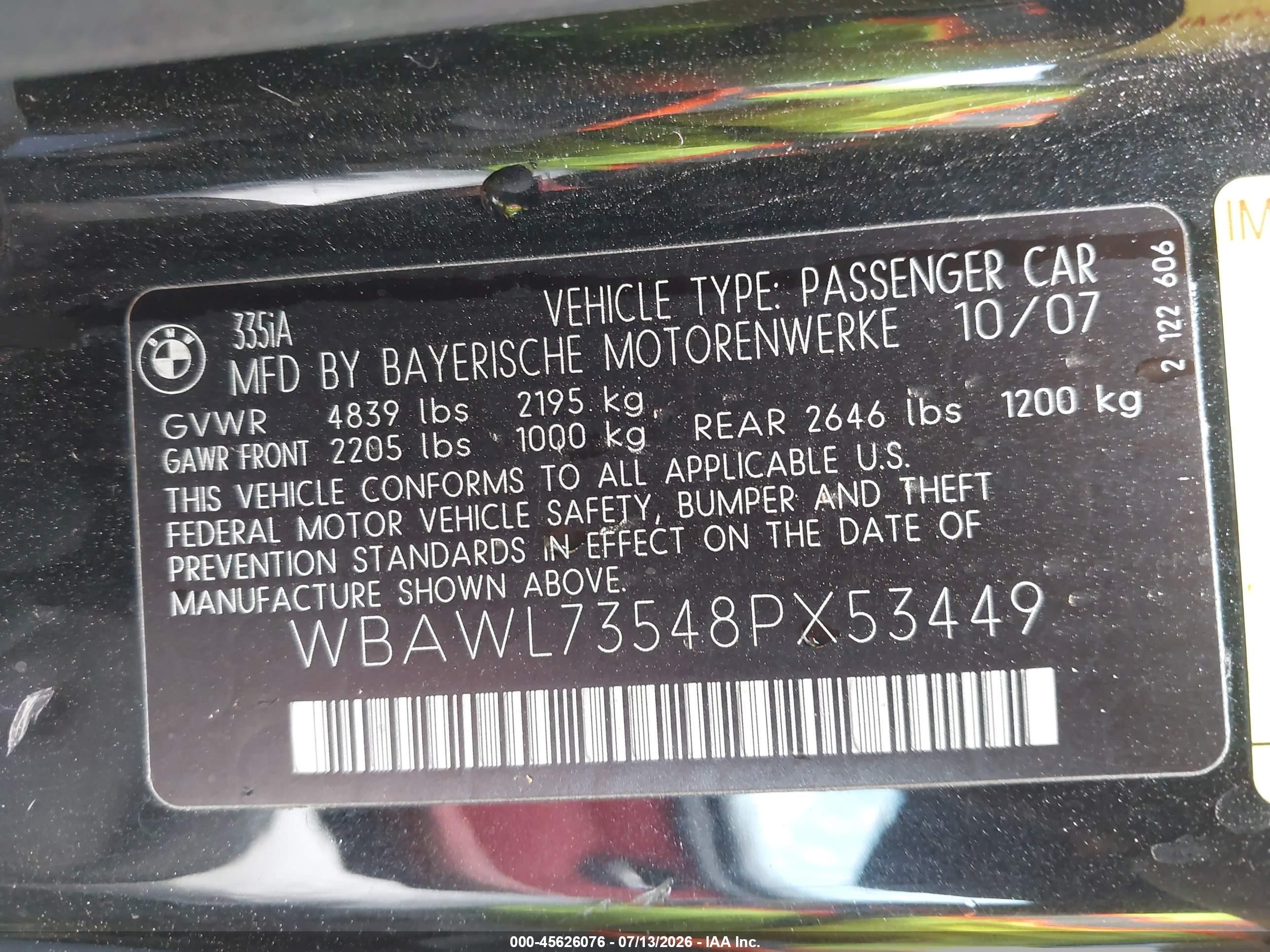2008 Bmw 335i   Black vin: WBAWL73548PX53449