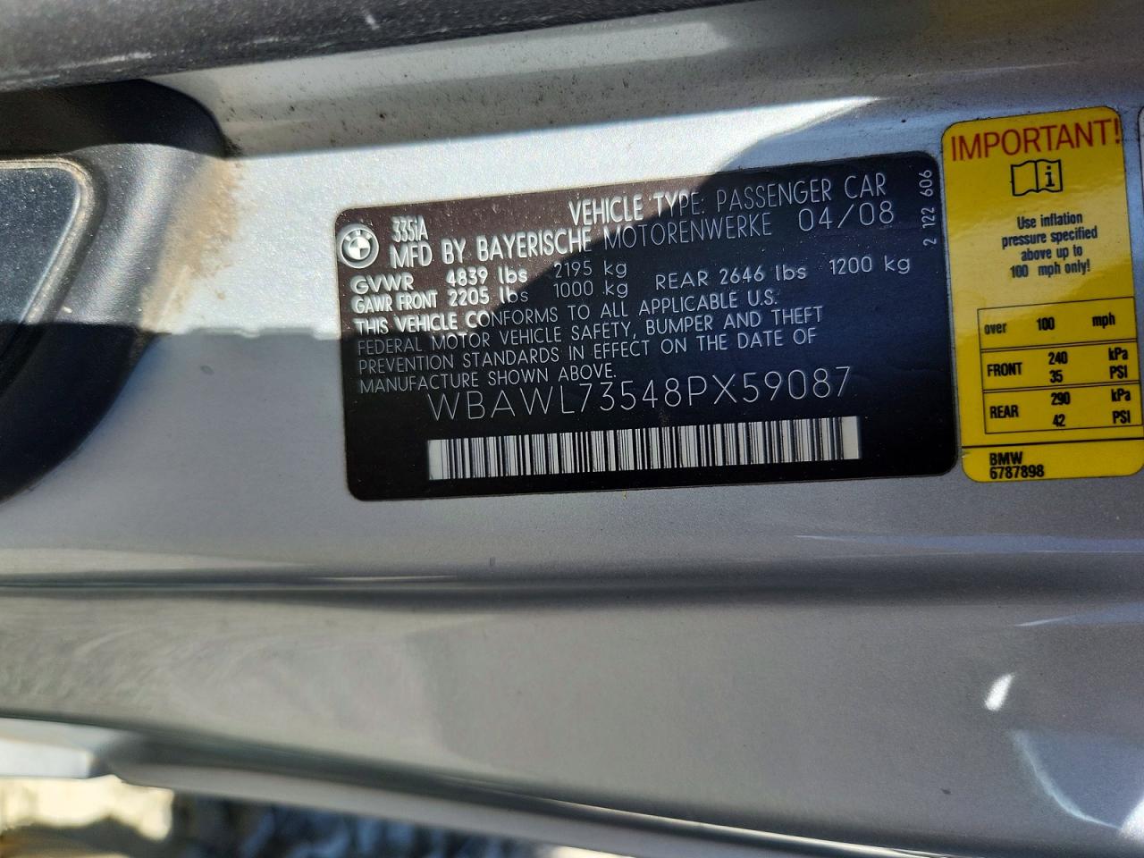 2008 Bmw 335 I Silver vin: WBAWL73548PX59087