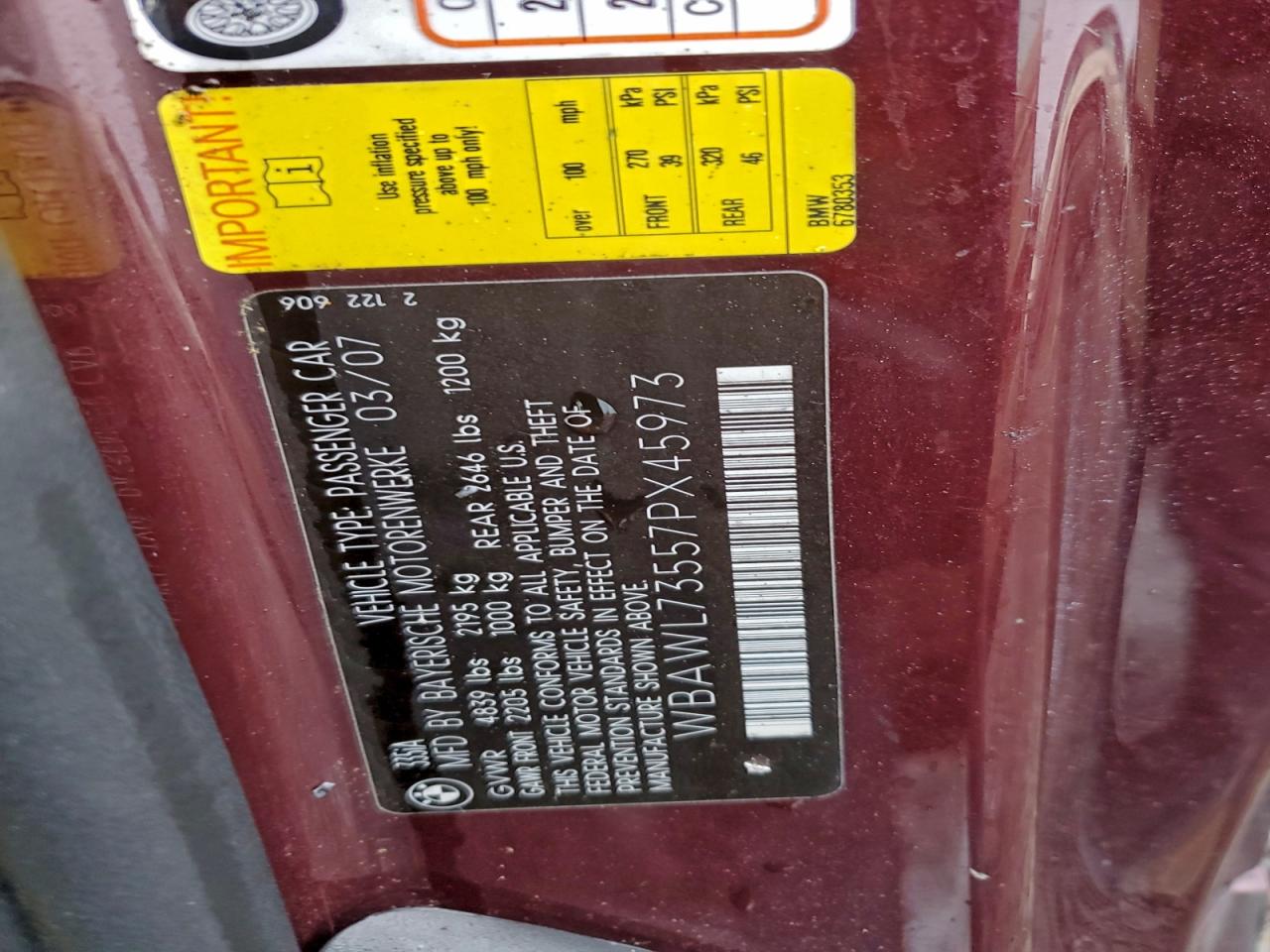 2007 Bmw 335 I Burgundy vin: WBAWL73557PX45973