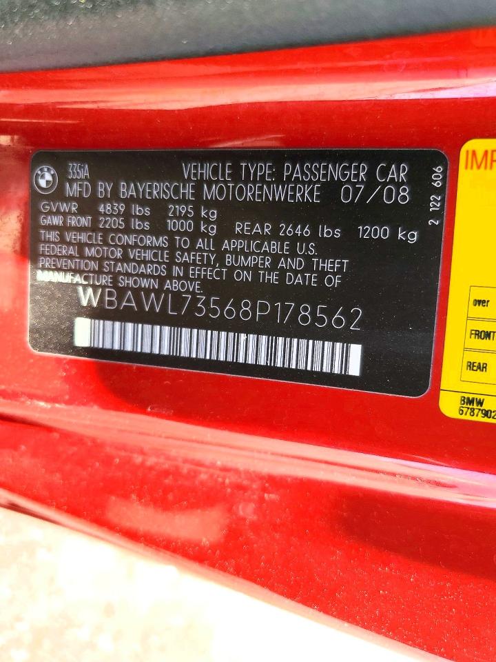 2008 Bmw 335 I Red vin: WBAWL73568P178562
