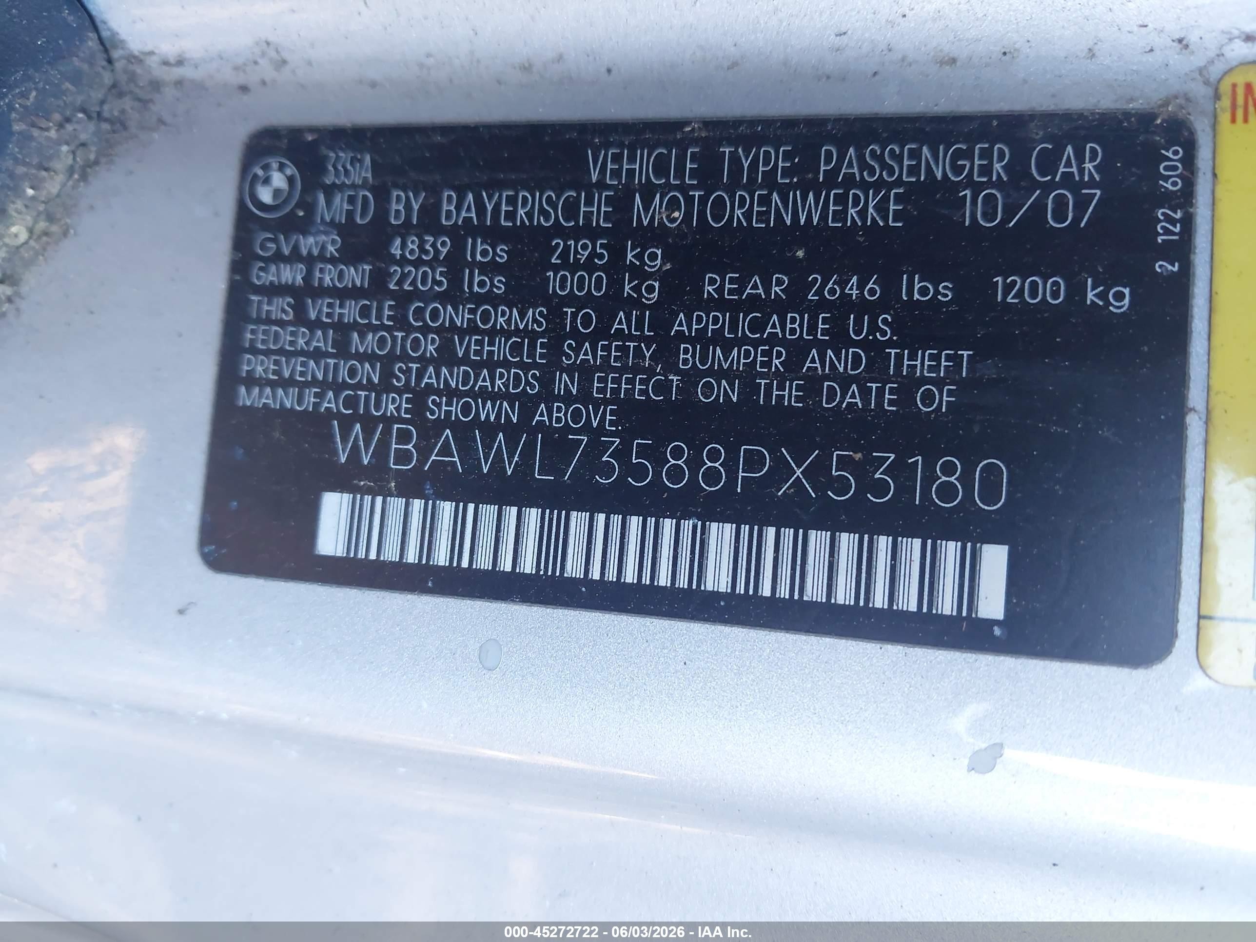 2008 Bmw 335i Silver vin: WBAWL73588PX53180