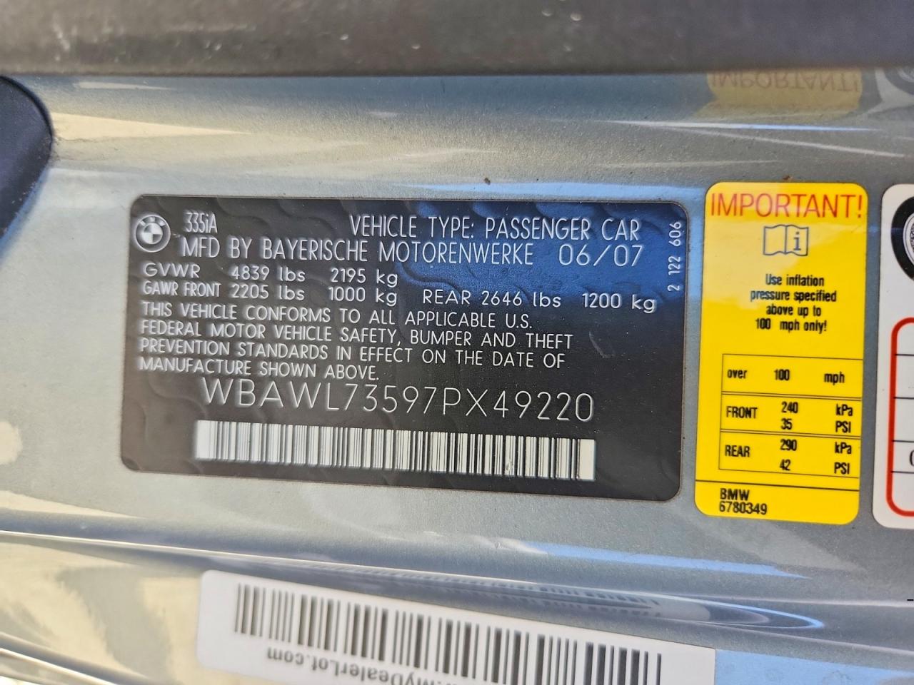 2007 Bmw 335 I Turquoise vin: WBAWL73597PX49220