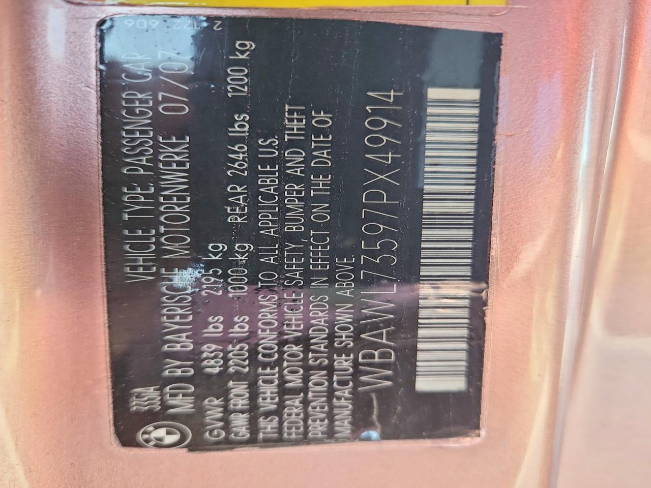 2007 Bmw 335 I Pink vin: WBAWL73597PX49914