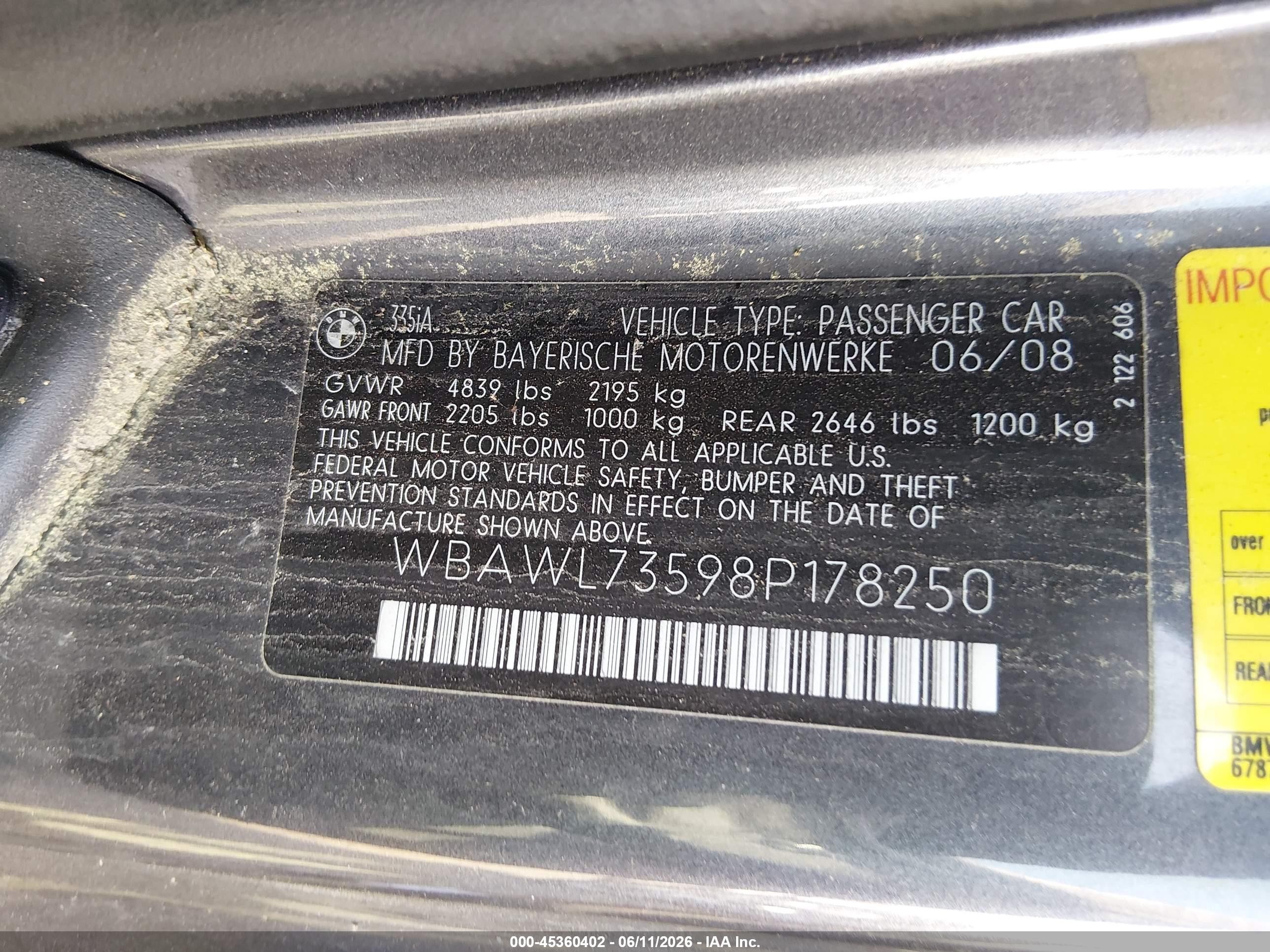 2008 Bmw 335i   Gray vin: WBAWL73598P178250