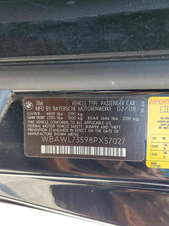2008 Bmw 335 I Black vin: WBAWL73598PX57027