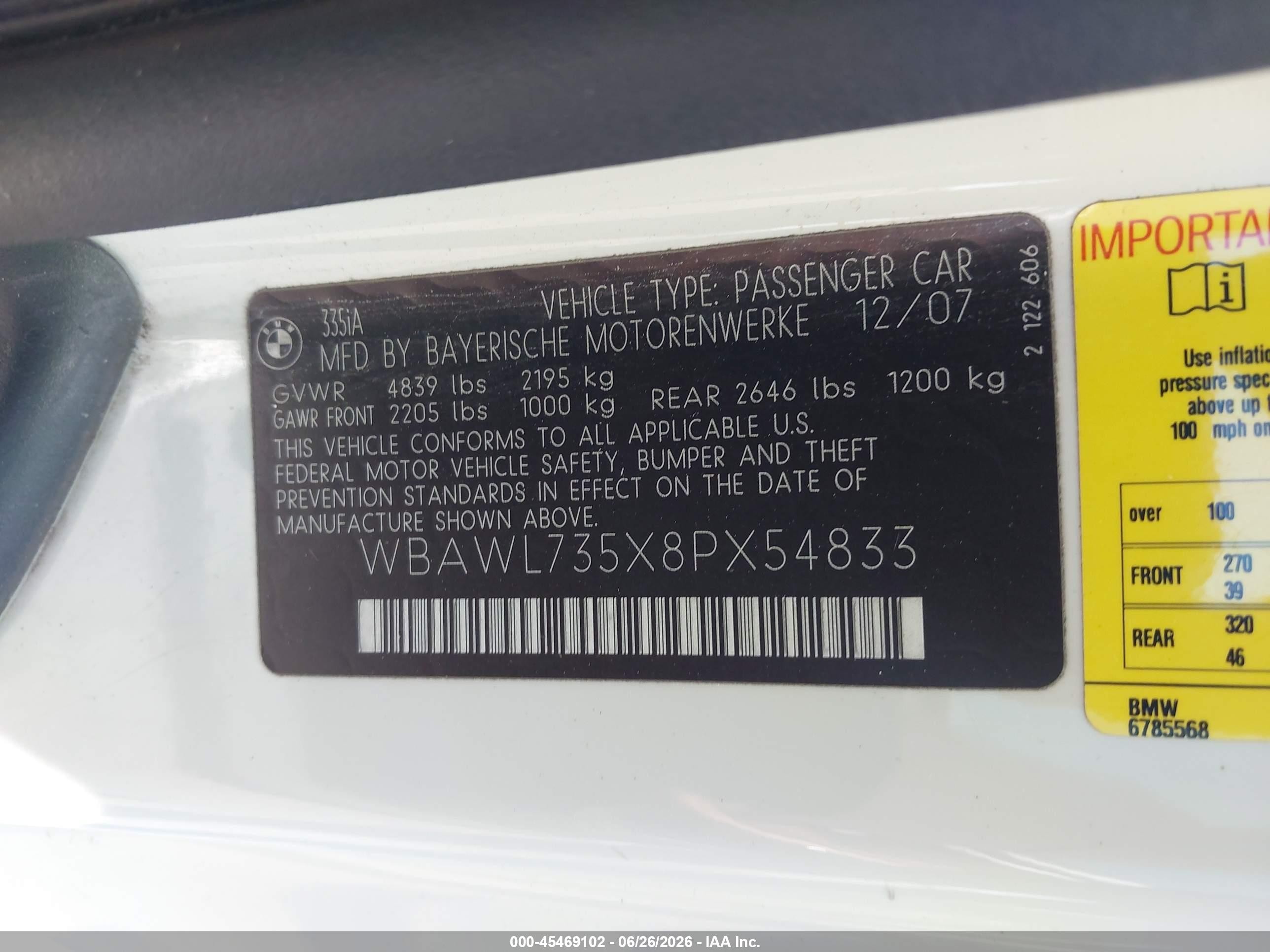 2008 Bmw 335i White vin: WBAWL735X8PX54833