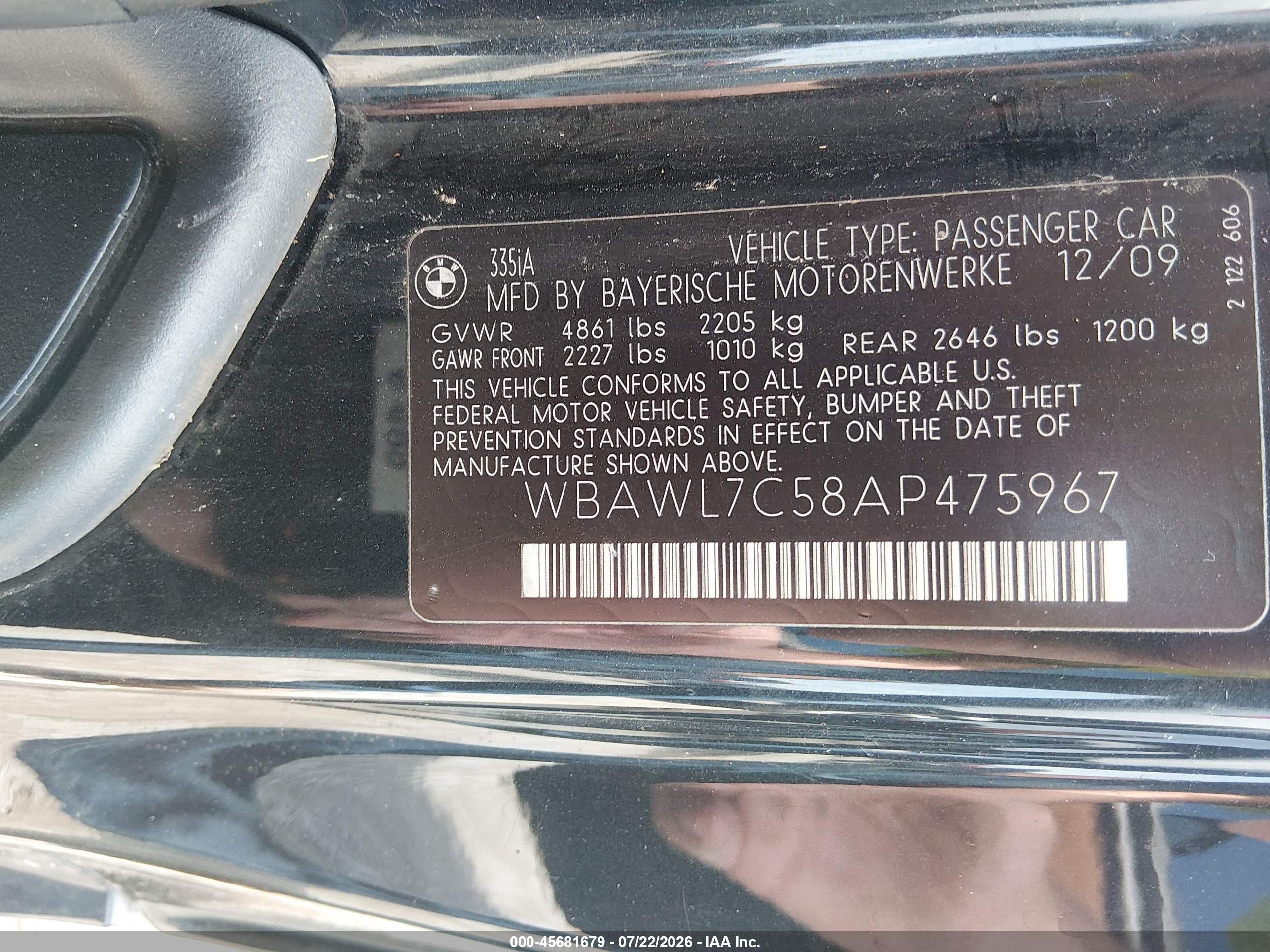 2010 Bmw 335i   Black vin: WBAWL7C58AP475967
