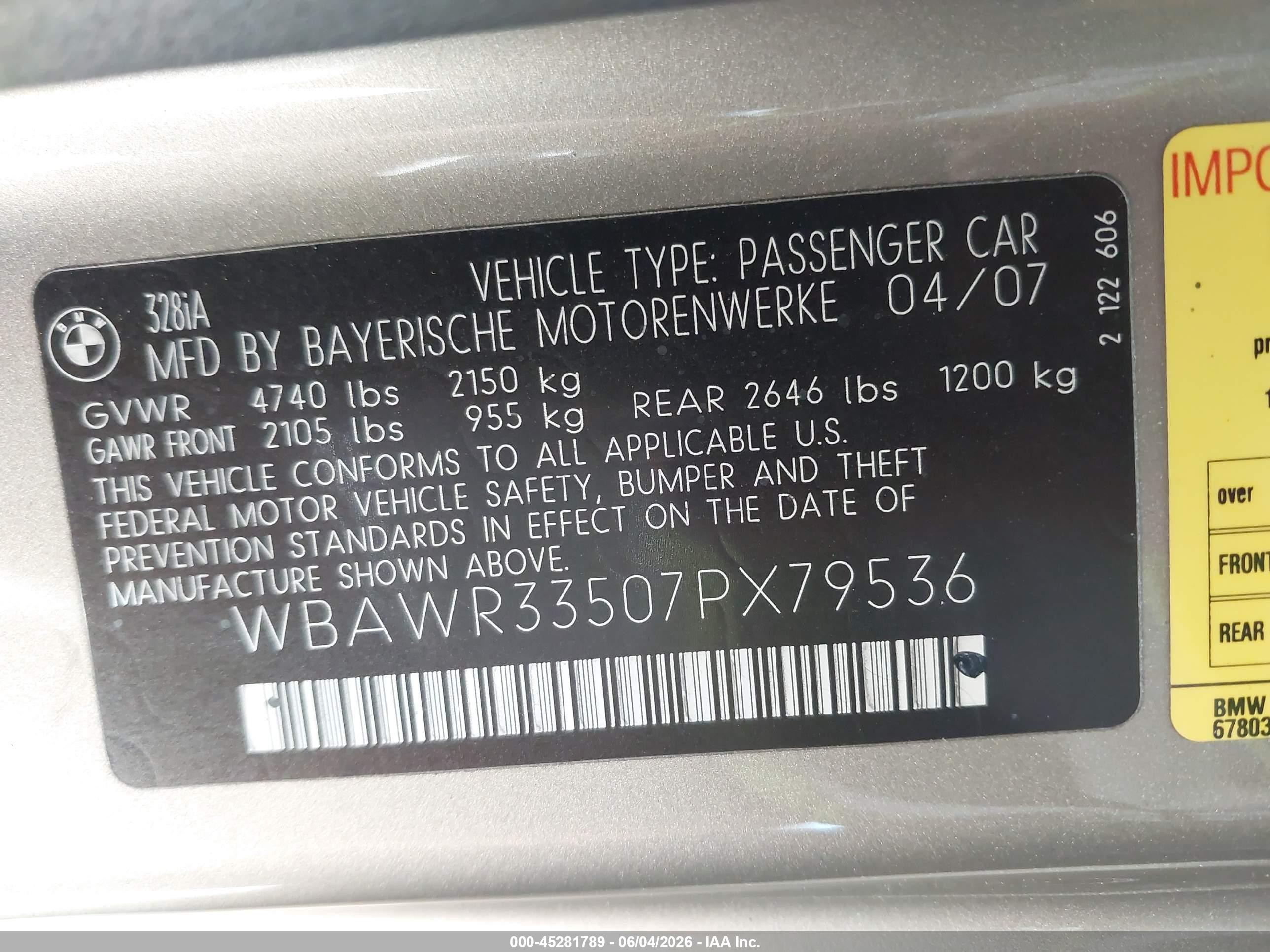 2007 Bmw 328i   Silver vin: WBAWR33507PX79536