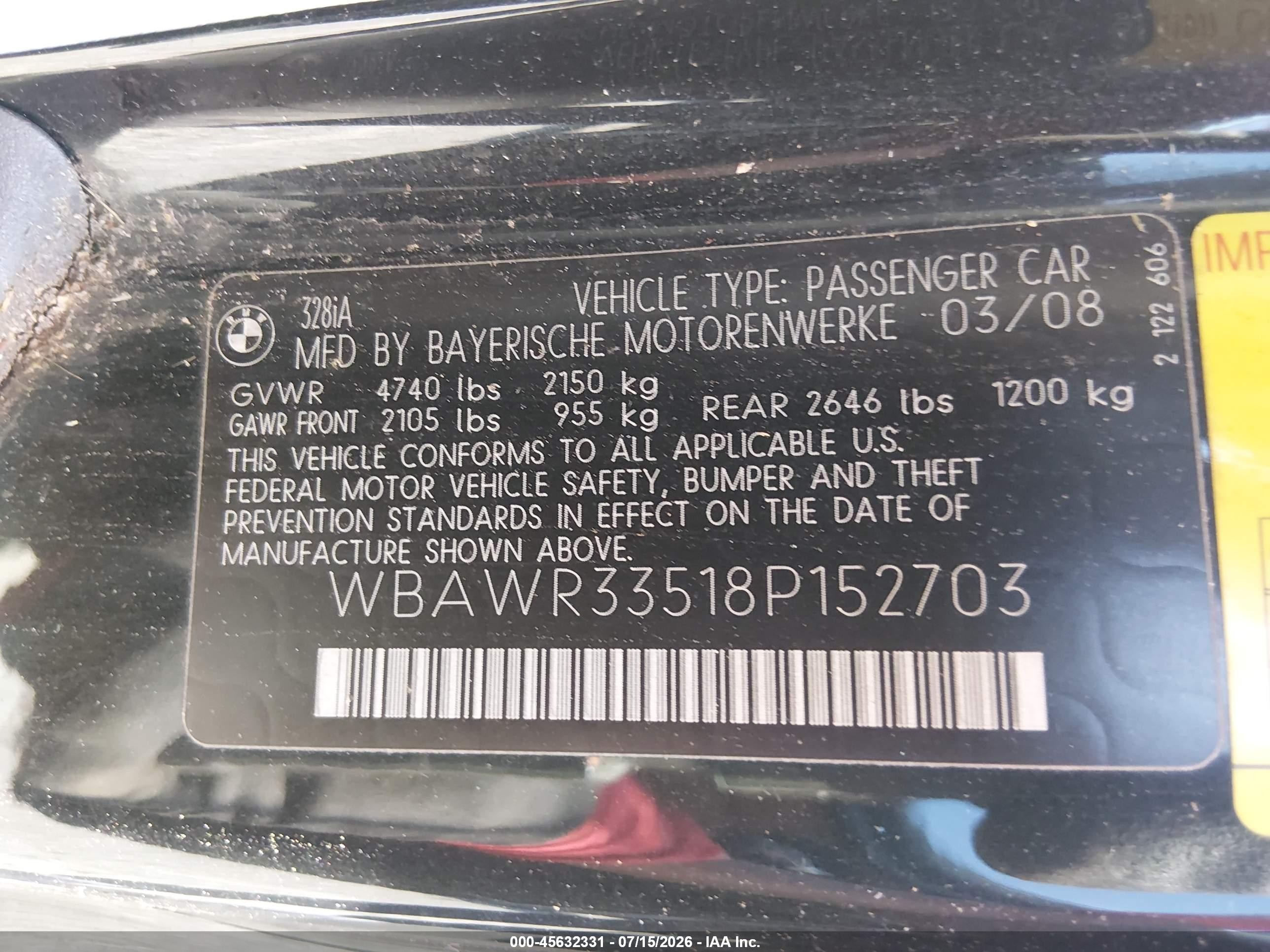 2008 Bmw 328i   Black vin: WBAWR33518P152703
