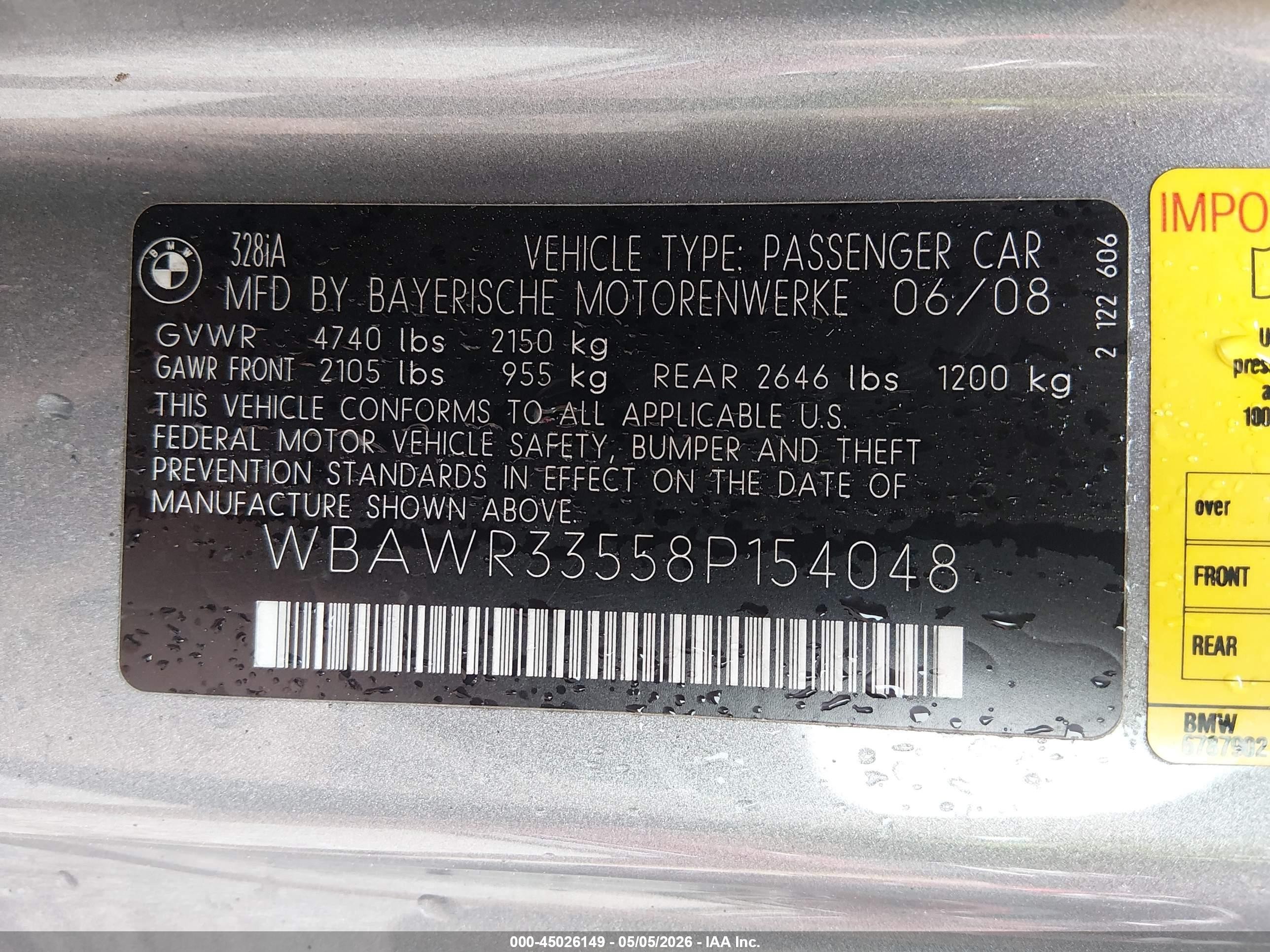 2008 Bmw 328i   Gray vin: WBAWR33558P154048