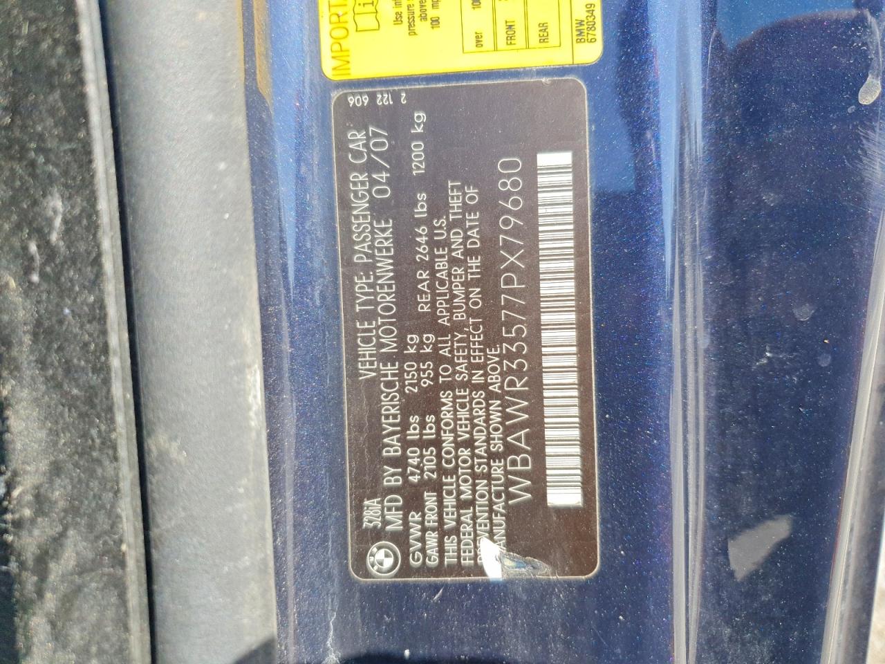 2007 Bmw 328 I Sulev Blue vin: WBAWR33577PX79680