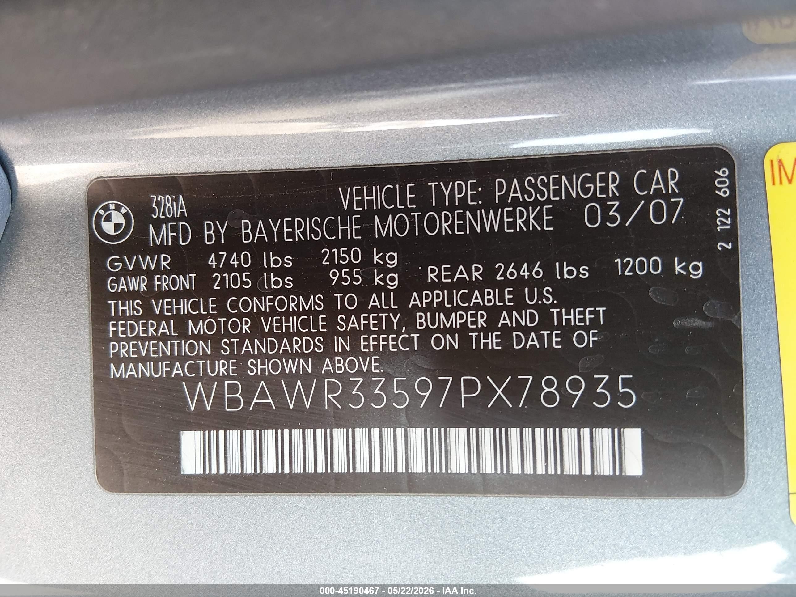 2007 Bmw 328i   Gray vin: WBAWR33597PX78935