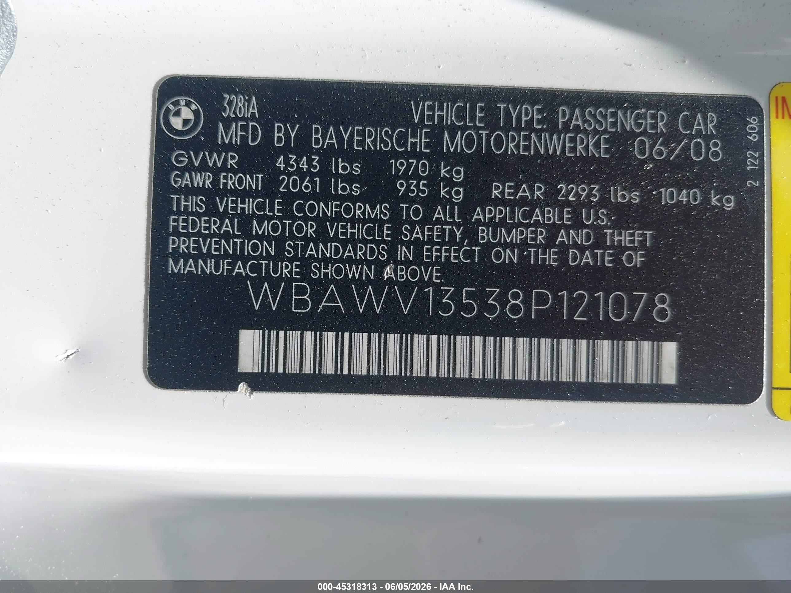 2008 Bmw 328i   White vin: WBAWV13538P121078