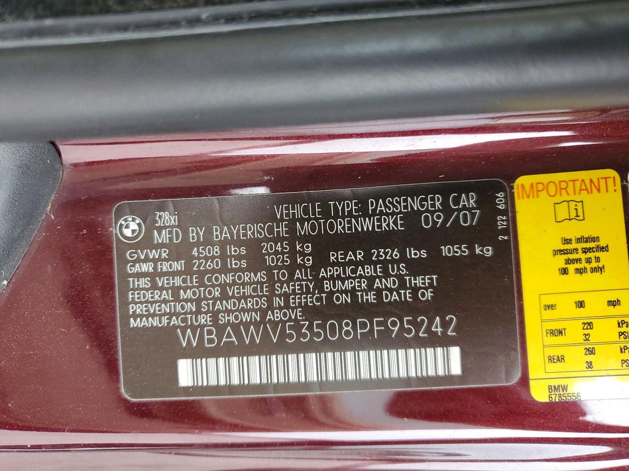 2008 Bmw 328 Xi Sulev Burgundy vin: WBAWV53508PF95242
