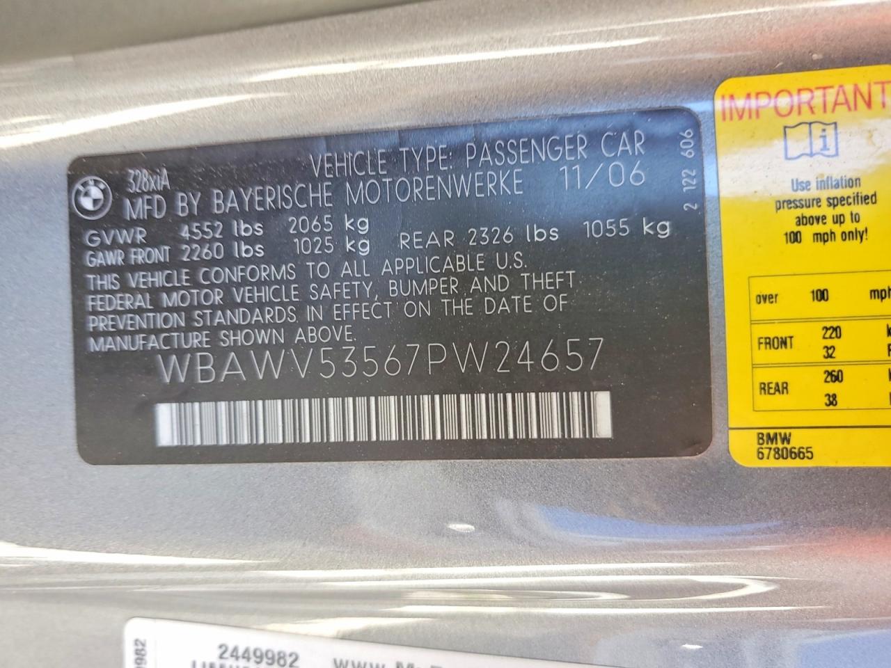2007 Bmw 328 Xi Sulev Gray vin: WBAWV53567PW24657