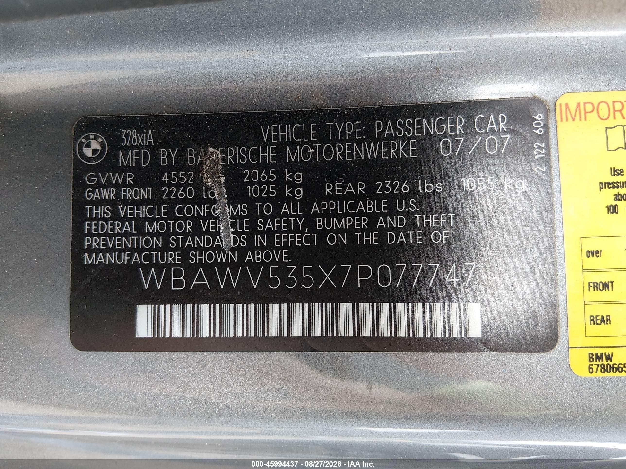 2007 Bmw 328xi Gray vin: WBAWV535X7P077747