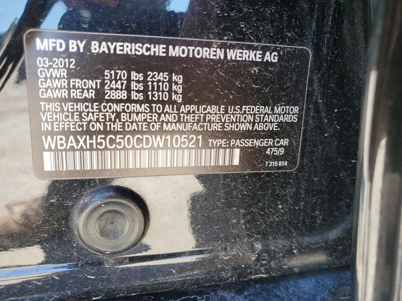 2012 Bmw 528 Xi Black vin: WBAXH5C50CDW10521