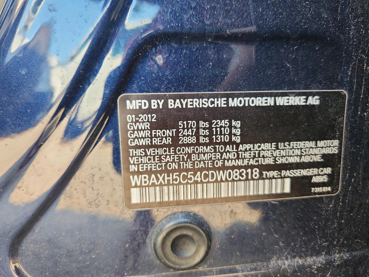 2012 Bmw 528 Xi Blue vin: WBAXH5C54CDW08318