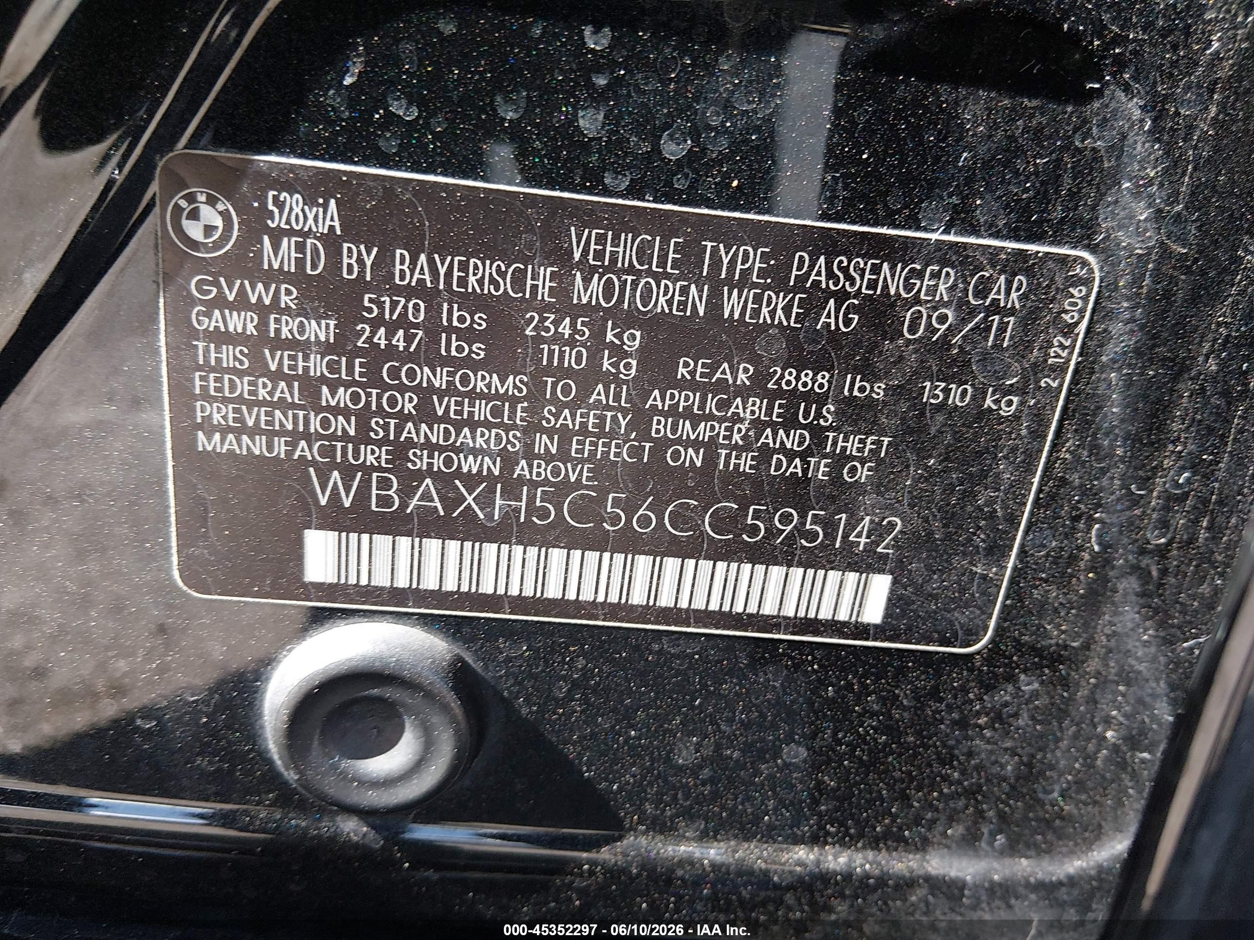 2012 Bmw 528i Xdrive Black vin: WBAXH5C56CC595142