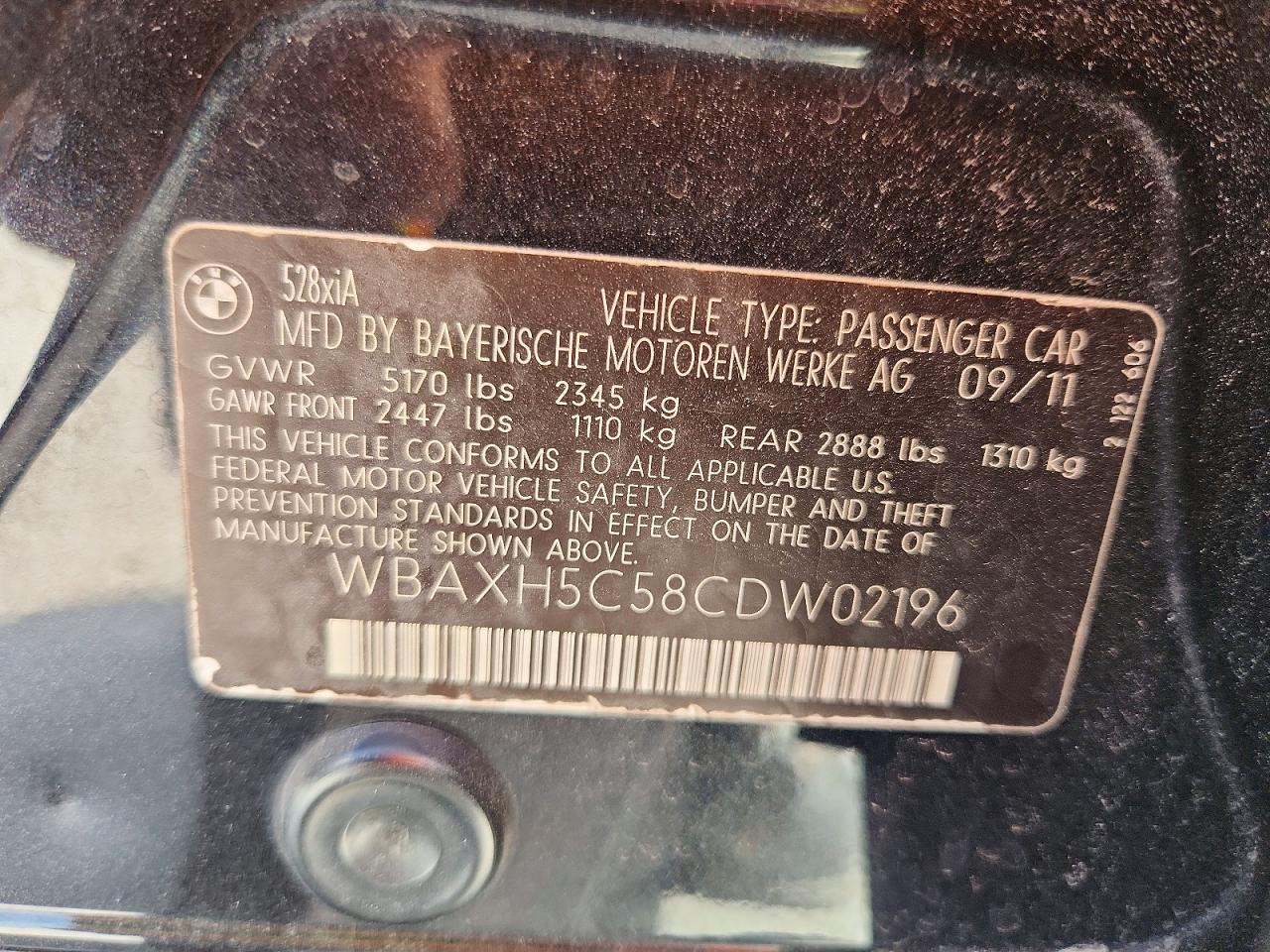 2012 Bmw 528 Xi Black vin: WBAXH5C58CDW02196