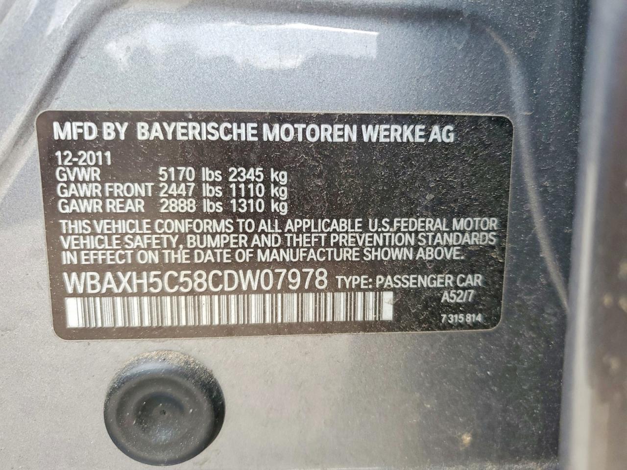 2012 Bmw 528 Xi Gray vin: WBAXH5C58CDW07978