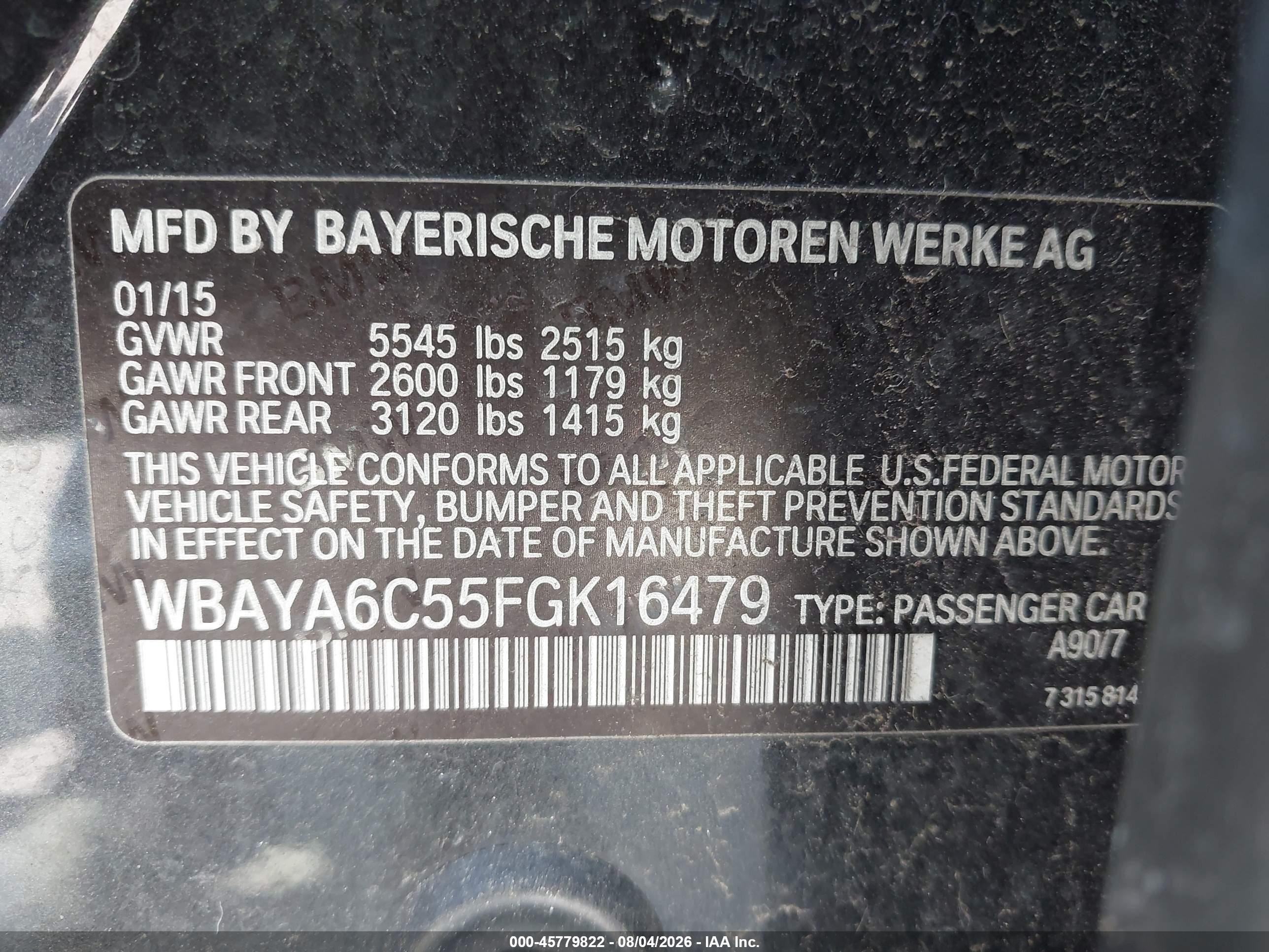2015 Bmw 740i   Gray vin: WBAYA6C55FGK16479