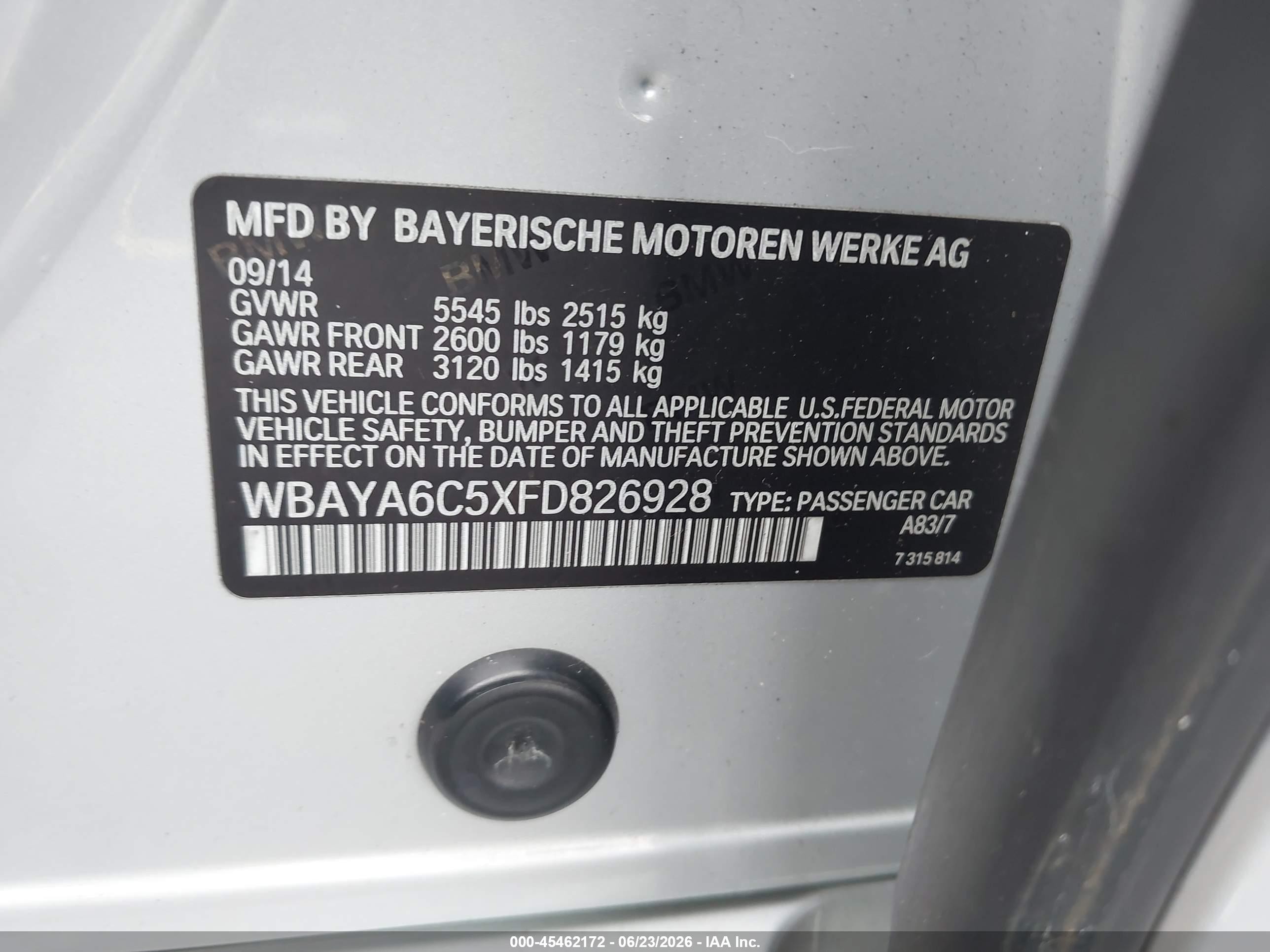 2015 Bmw 740i Gray vin: WBAYA6C5XFD826928